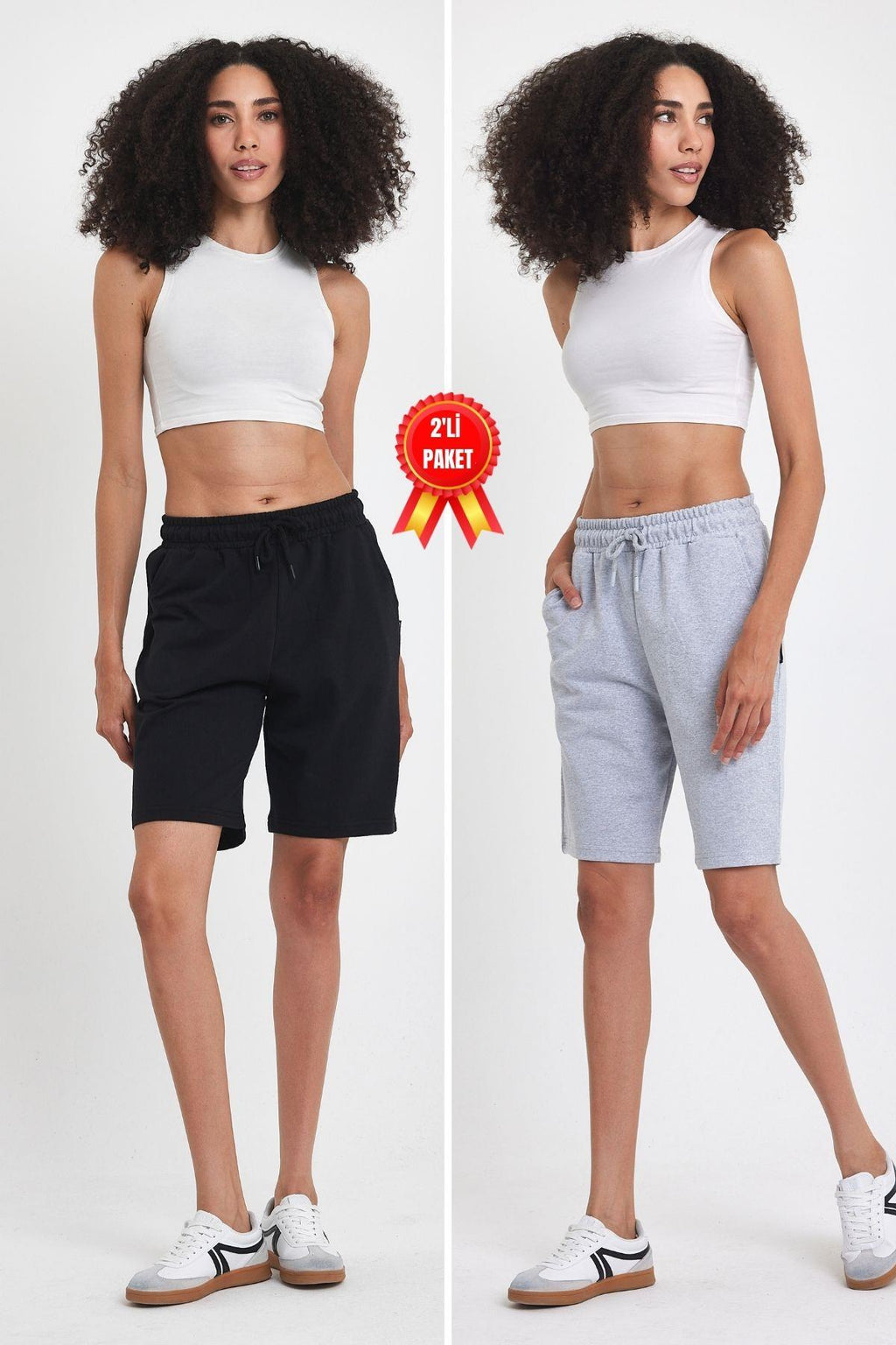 2'li Kadın Rahat Kesim Beli Lastikli Mevsimlik Yumuşak Kumaş Cepli Siyah-Gri Uzun Bermuda Şort CMRB91