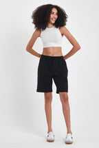 2'li Kadın Rahat Kesim Beli Lastikli Mevsimlik Yumuşak Kumaş Cepli Siyah-Gri Uzun Bermuda Şort CMRB91