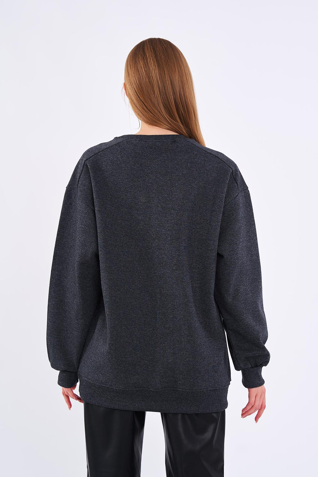 Antrasit Kadın Pamuklu Oversize Basic Bisiklet Yaka Sweatshirt
