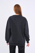 Antrasit Kadın Pamuklu Oversize Basic Bisiklet Yaka Sweatshirt