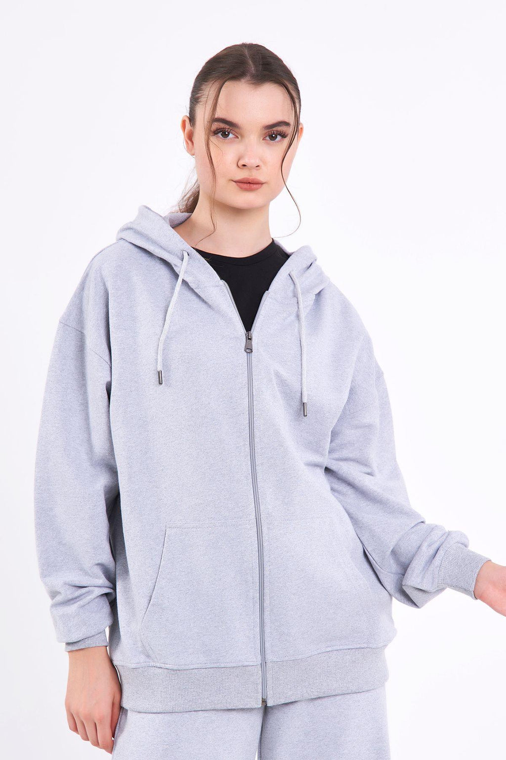 Gri Kanguru Cepli Kapüşonlu Fermuarlı Oversize Kadın Sweatshirt CMRB73-Gri