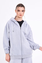 Gri Kanguru Cepli Kapüşonlu Fermuarlı Oversize Kadın Sweatshirt CMRB73-Gri