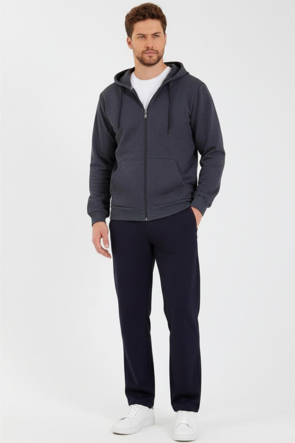 Antrasit Kapüşonlu Regular Fit Hırka Düz Paça Erkek Eşofman Takımı 3861