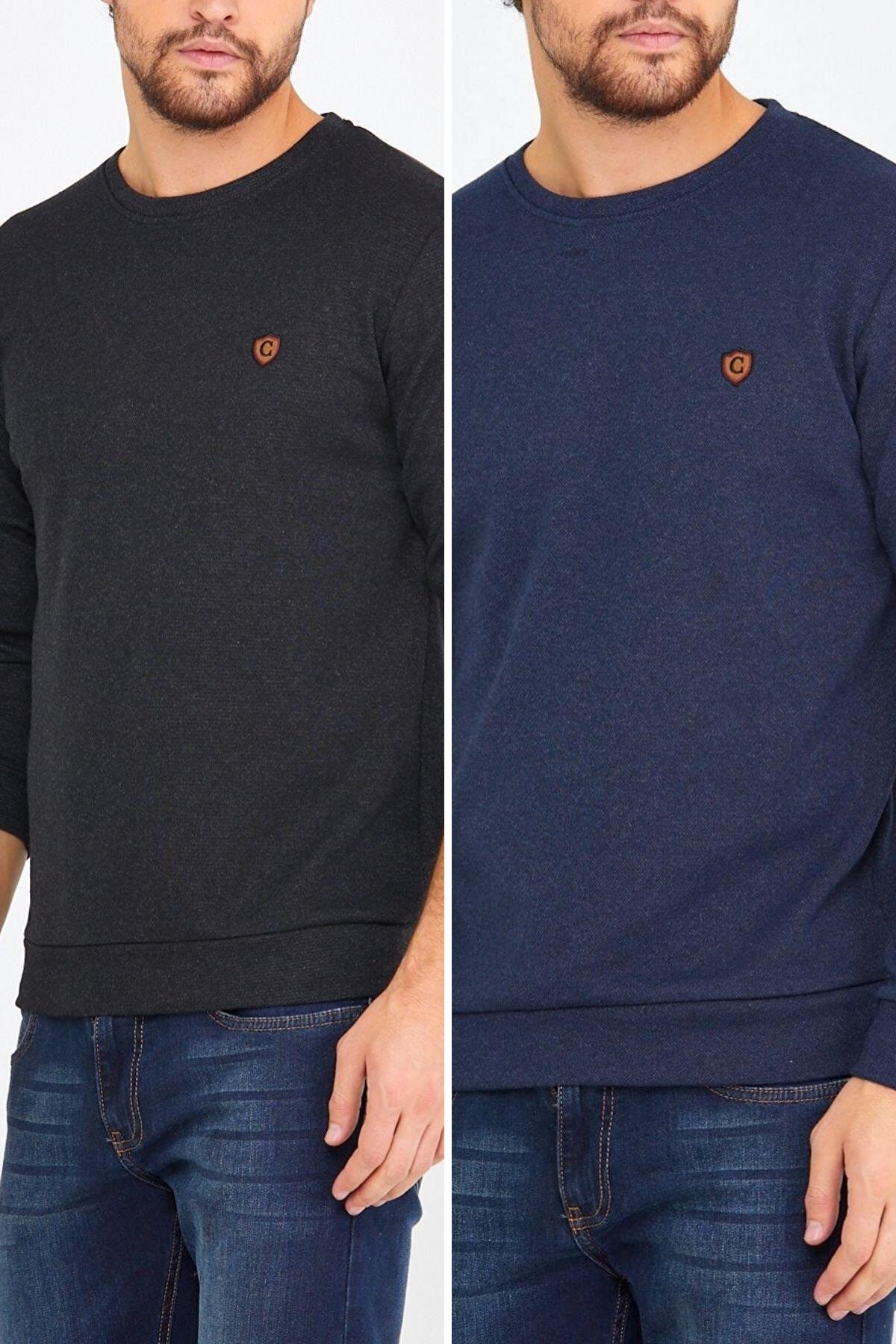 COMEOR 2'li Erkek Bisiklet Yaka Göğüs Nakış Detaylı Sweatshirt