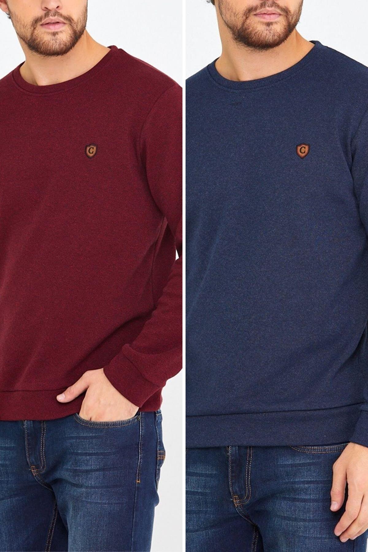 COMEOR 2'li Erkek Bisiklet Yaka Göğüs Nakış Detaylı Sweatshirt