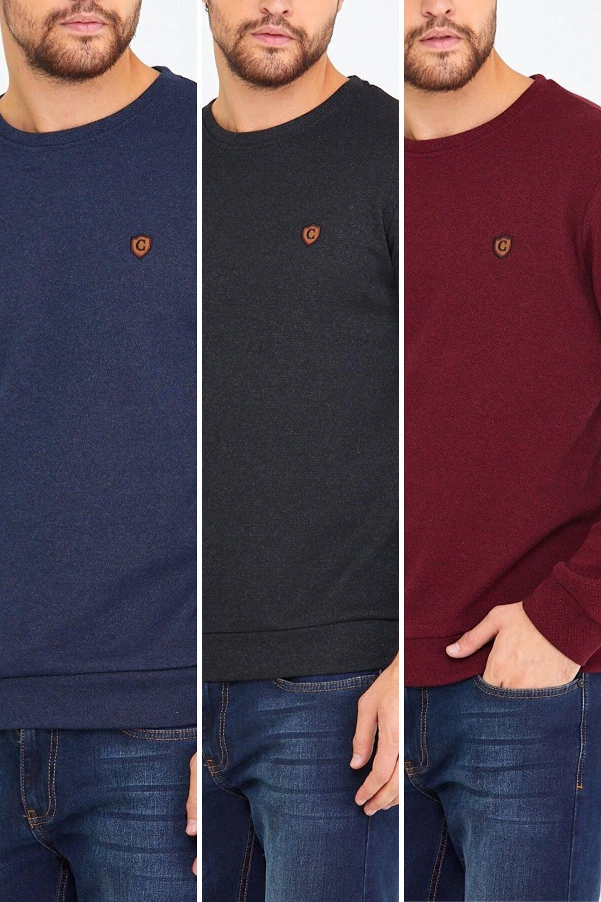 COMEOR 3'lü Erkek Bisiklet Yaka Göğüs Nakış Detaylı Siyah Sweatshirt