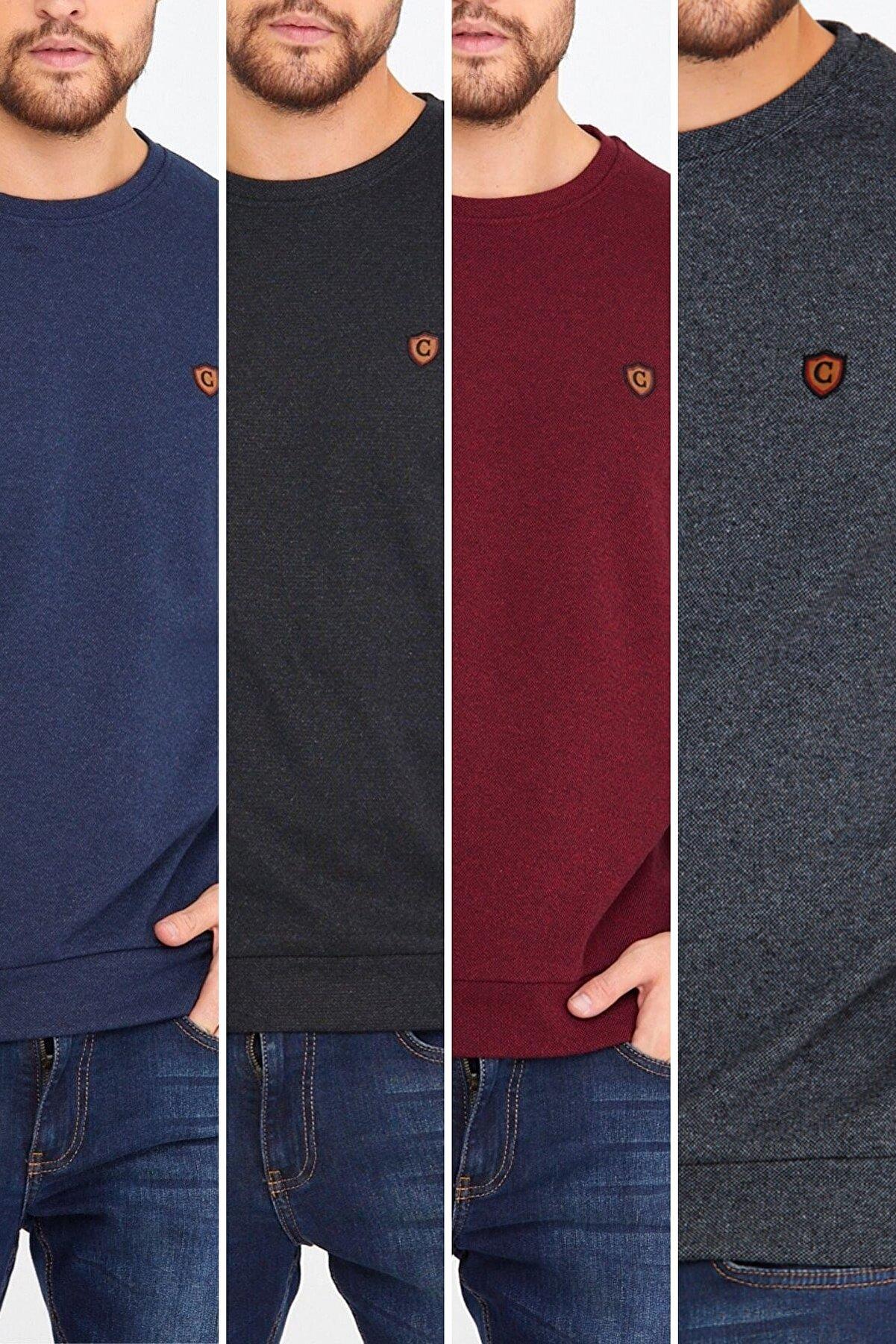 COMEOR 4'lü Erkek Bisiklet Yaka Göğüs Nakış Detaylı  Sweatshirt