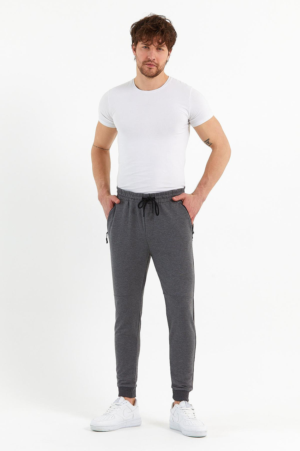 COMEOR Erkek Antrasit Slim Fit Jogger Cep Nakış Fermuar Detaylı Eşofman Altı