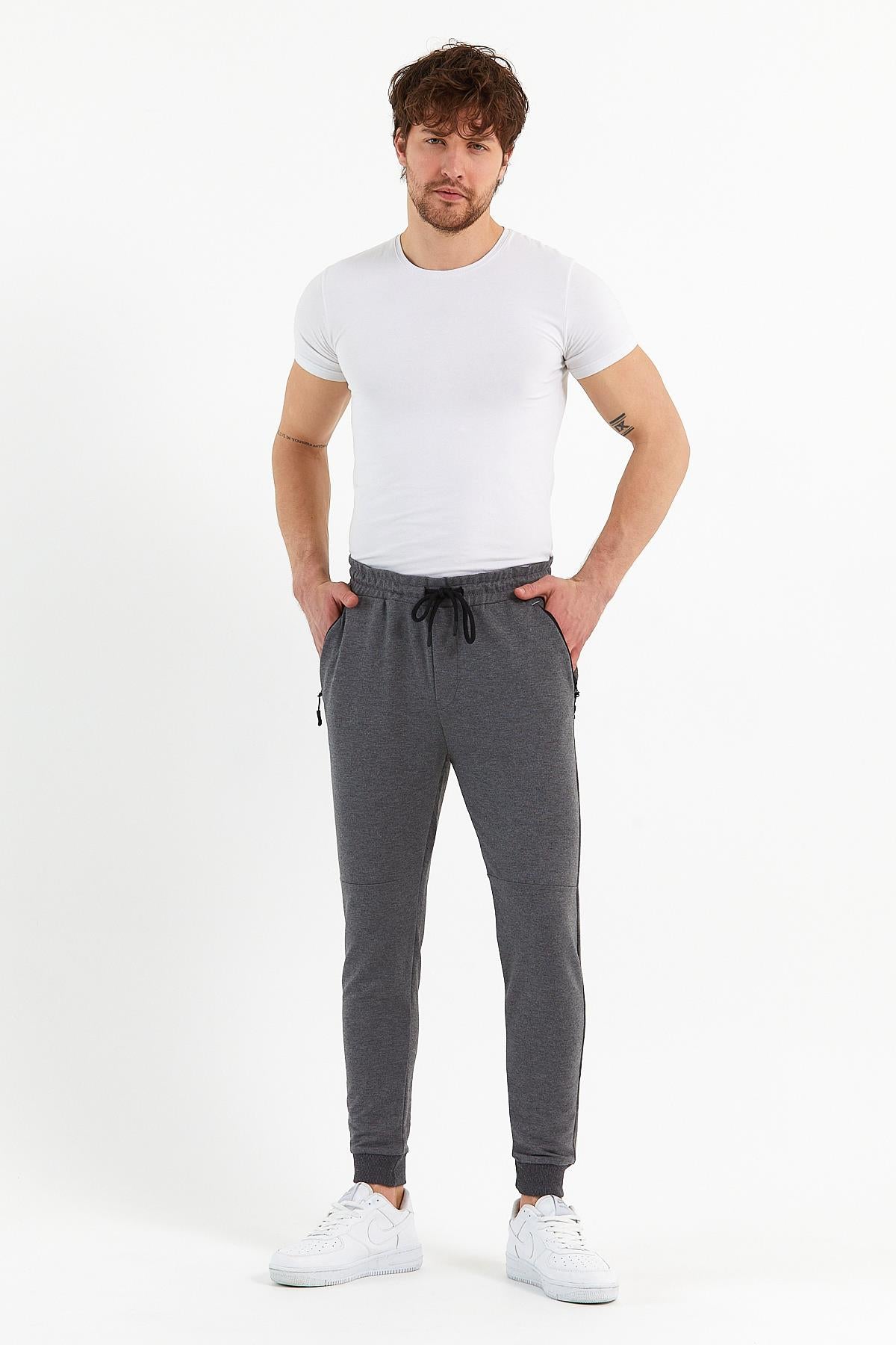 COMEOR Erkek Antrasit Slim Fit Jogger Cep Nakış Fermuar Detaylı Eşofman Altı