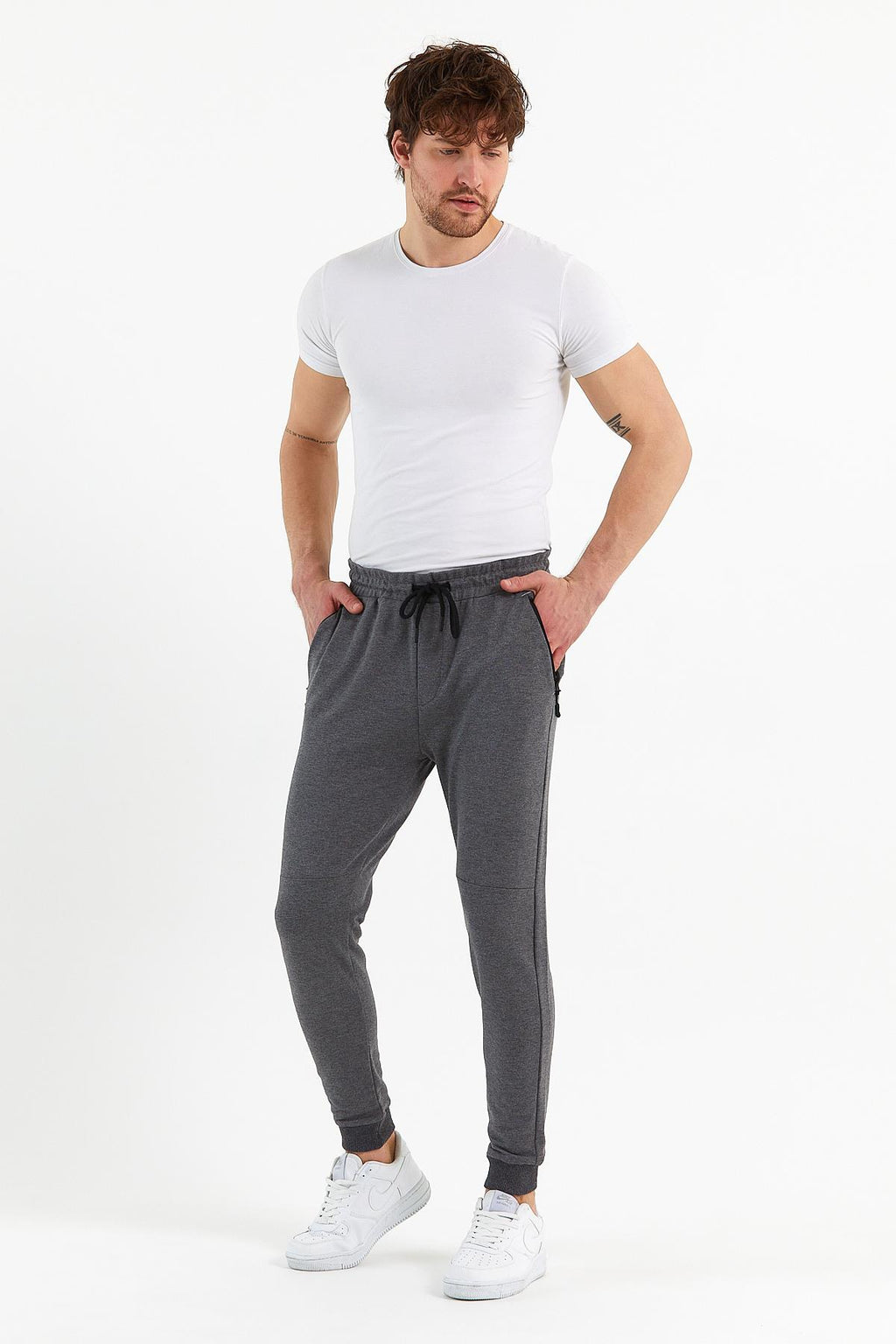 COMEOR Erkek Antrasit Slim Fit Jogger Cep Nakış Fermuar Detaylı Eşofman Altı