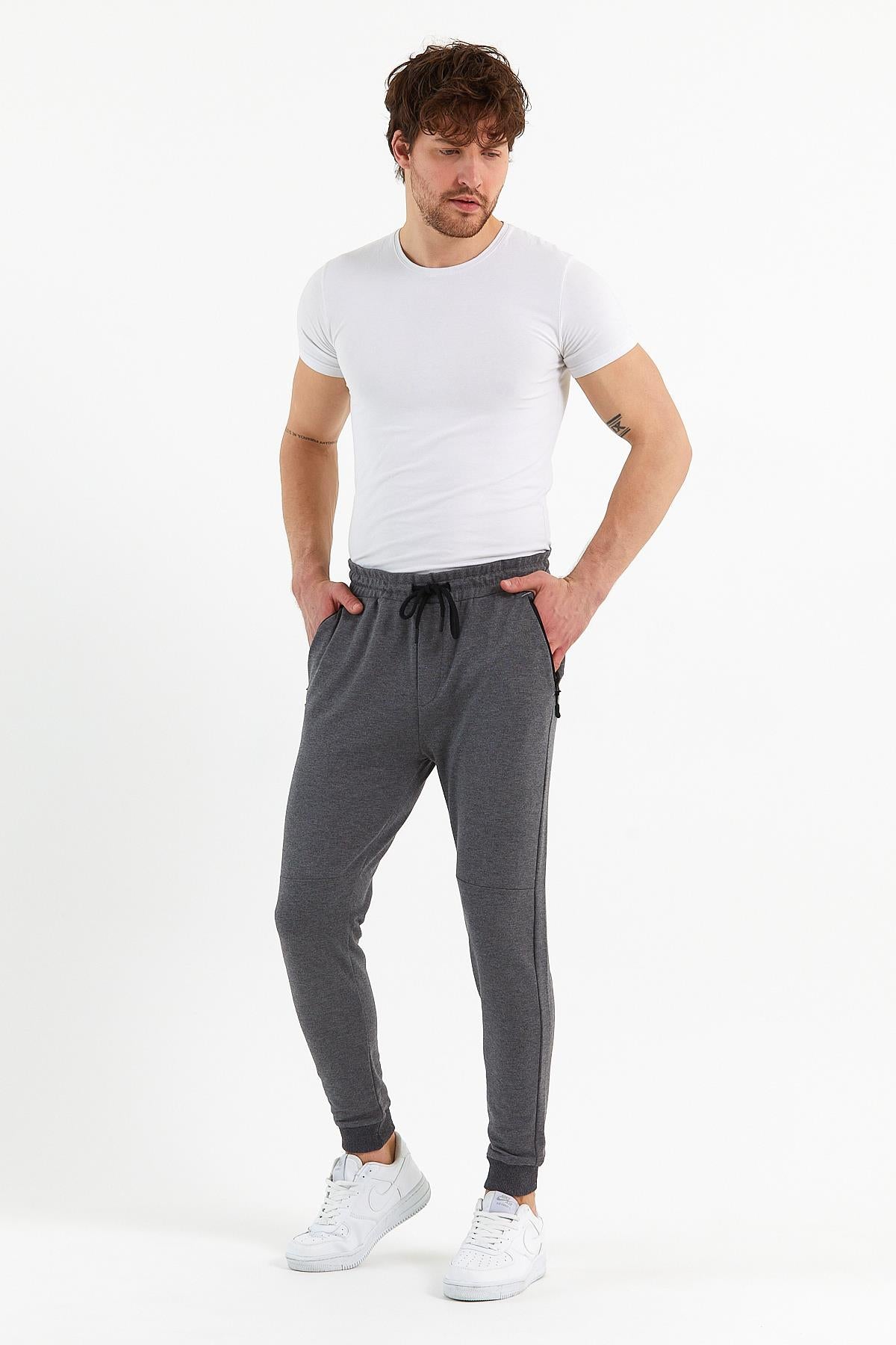 COMEOR Erkek Antrasit Slim Fit Jogger Cep Nakış Fermuar Detaylı Eşofman Altı