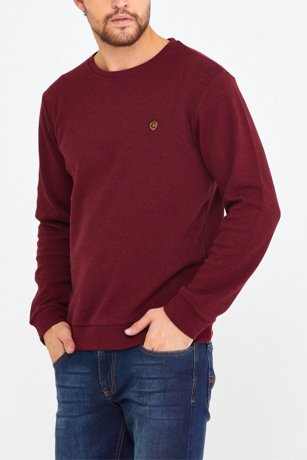 COMEOR Erkek Bisiklet Yaka Göğüs Nakış Detaylı Bordo Sweatshirt