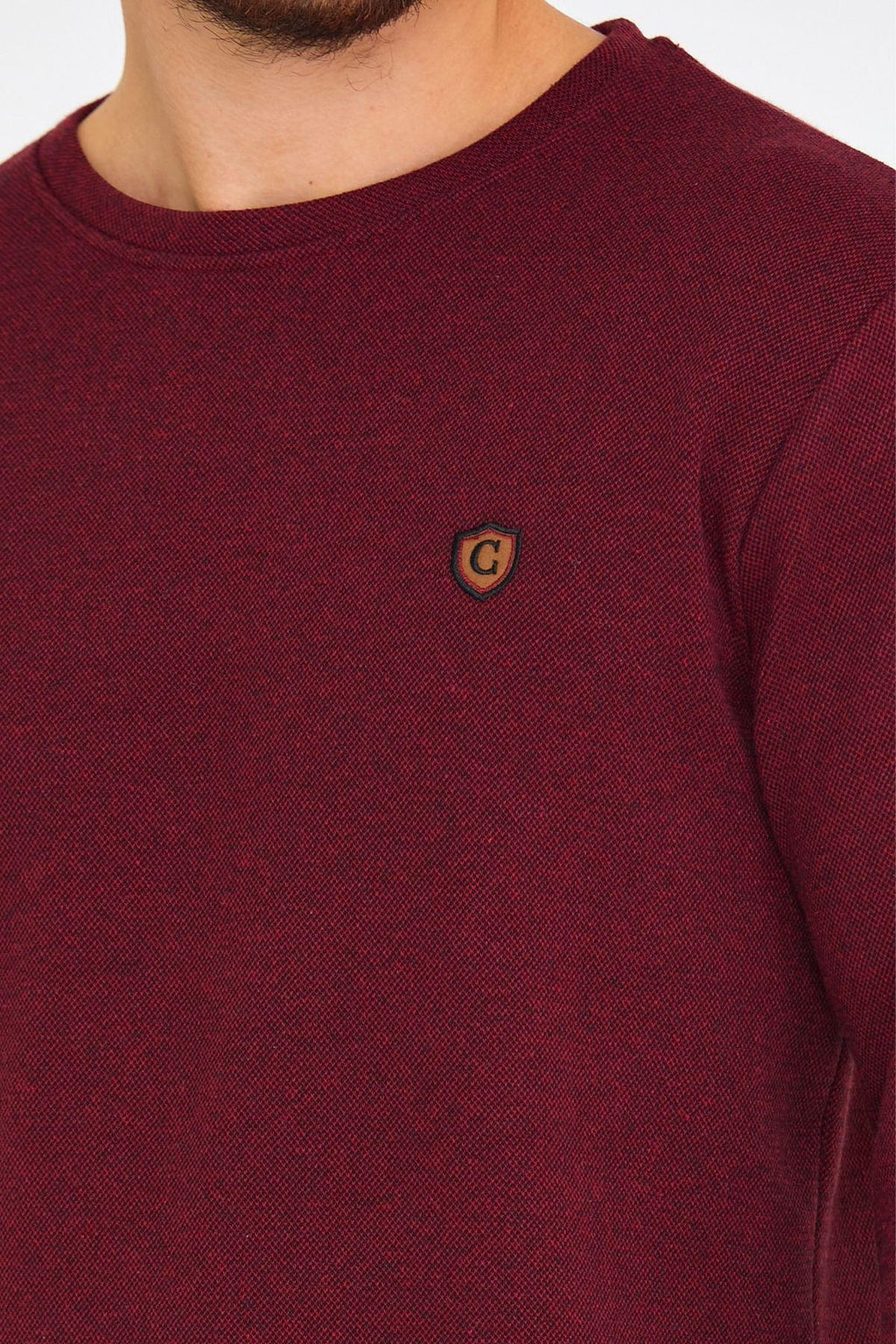 COMEOR Erkek Bisiklet Yaka Göğüs Nakış Detaylı Bordo Sweatshirt