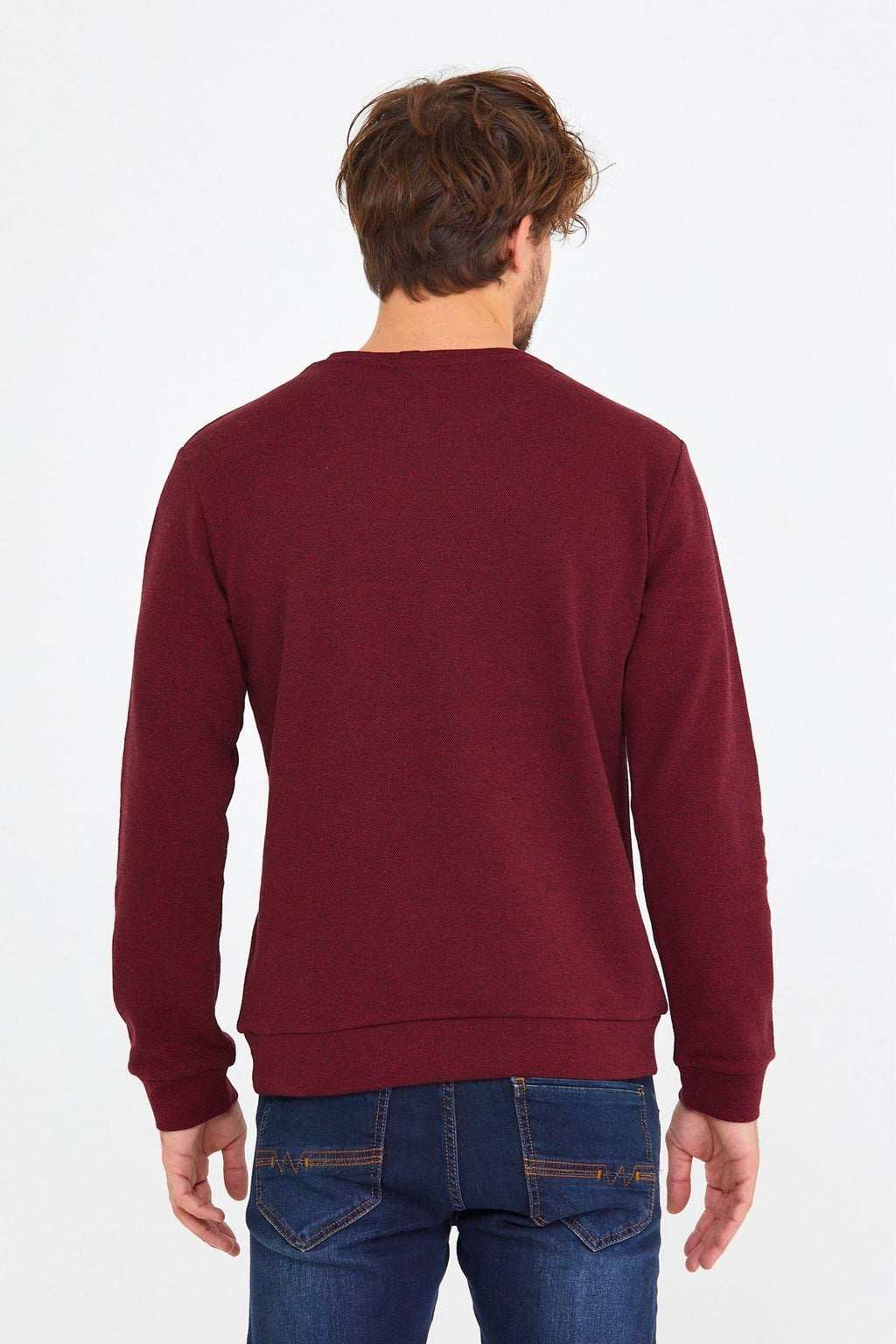 COMEOR Erkek Bisiklet Yaka Göğüs Nakış Detaylı Bordo Sweatshirt