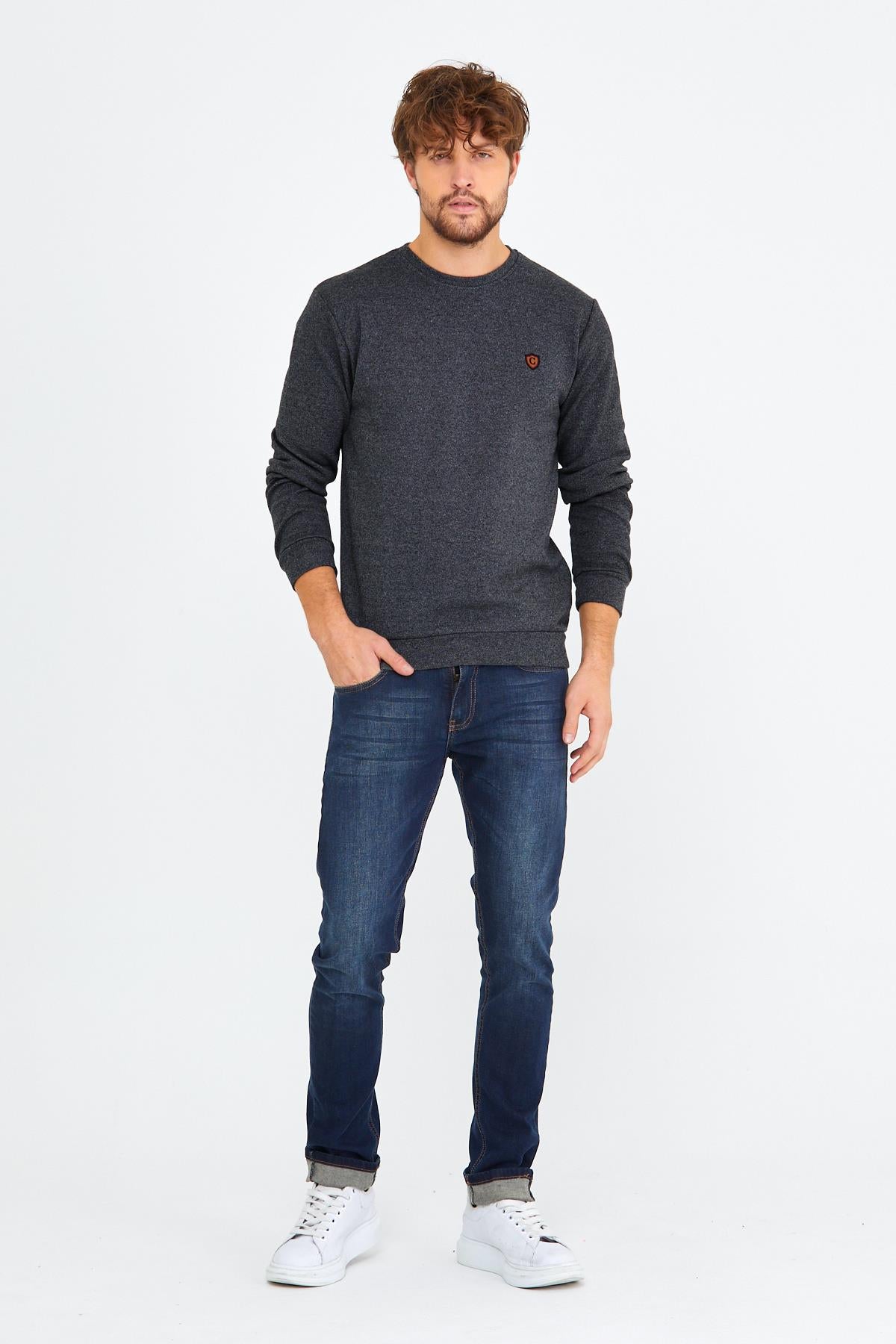 COMEOR Erkek Bisiklet Yaka Göğüs Nakış Detaylı Gri Sweatshirt