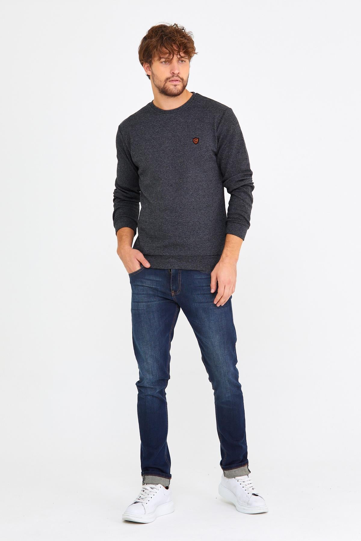 COMEOR Erkek Bisiklet Yaka Göğüs Nakış Detaylı Gri Sweatshirt