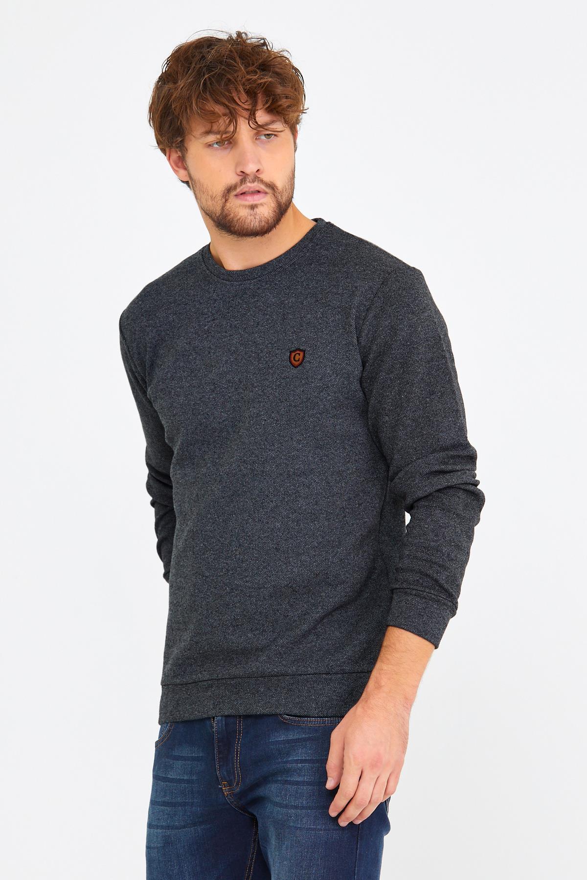 COMEOR Erkek Bisiklet Yaka Göğüs Nakış Detaylı Gri Sweatshirt