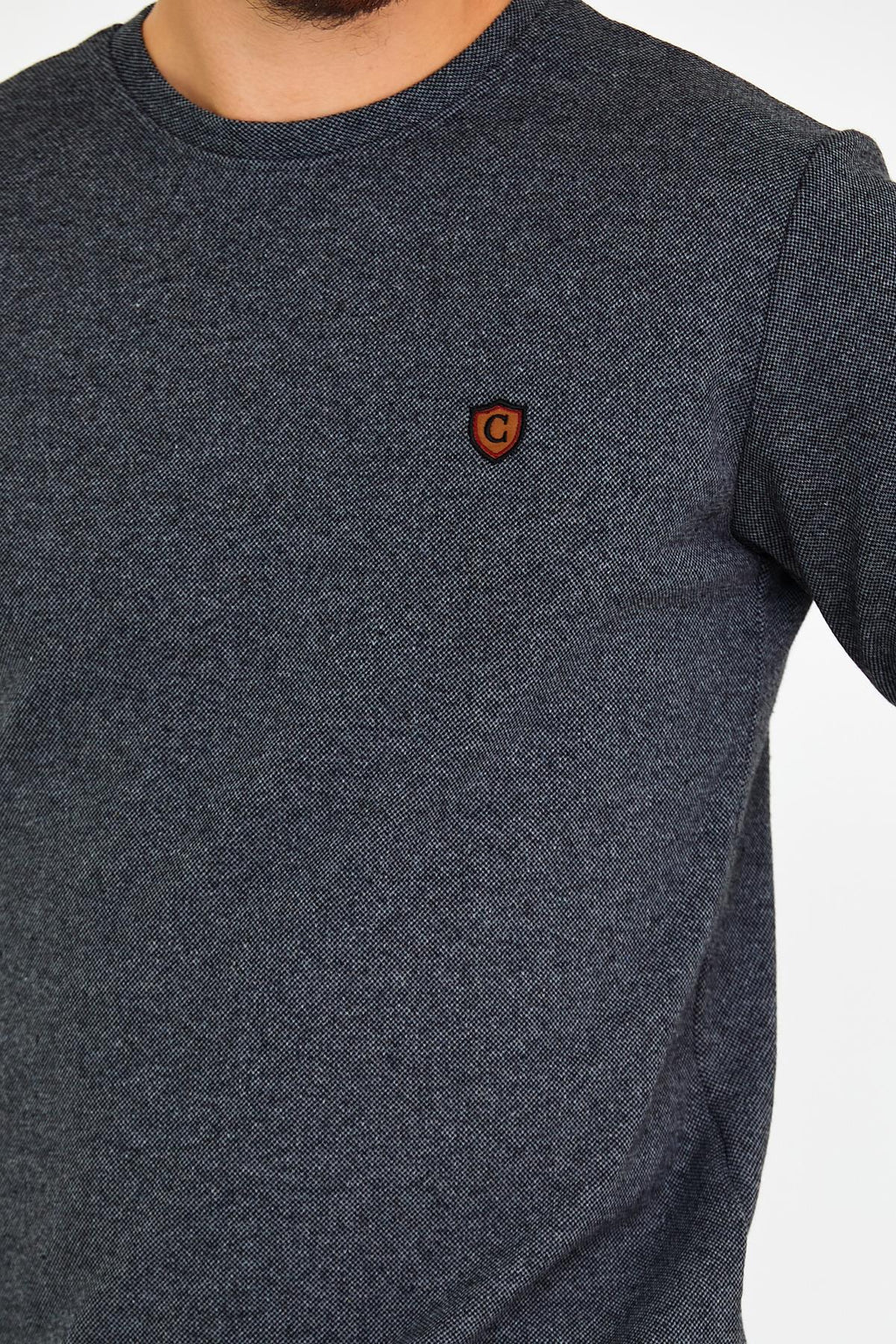 COMEOR Erkek Bisiklet Yaka Göğüs Nakış Detaylı Gri Sweatshirt