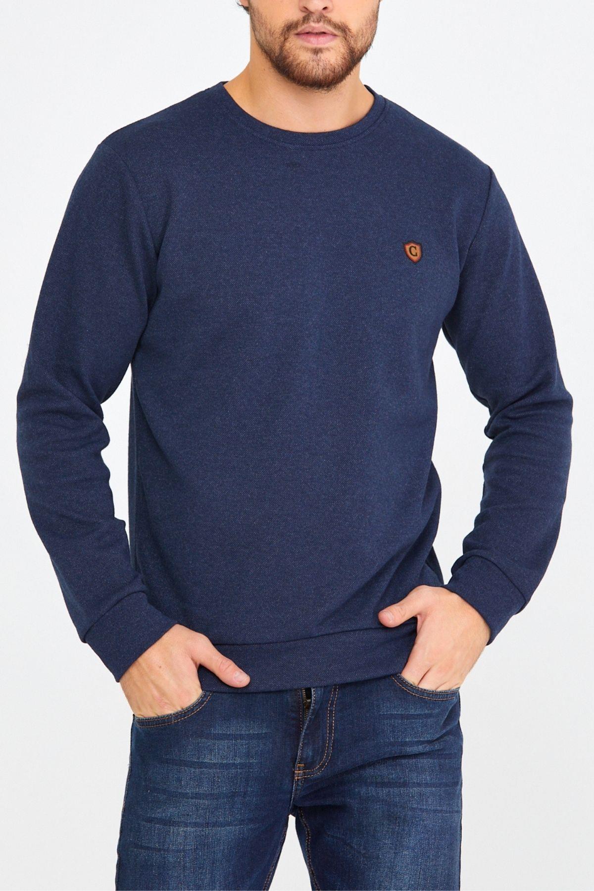 COMEOR Erkek Bisiklet Yaka Göğüs Nakış Detaylı Lacivert Sweatshirt