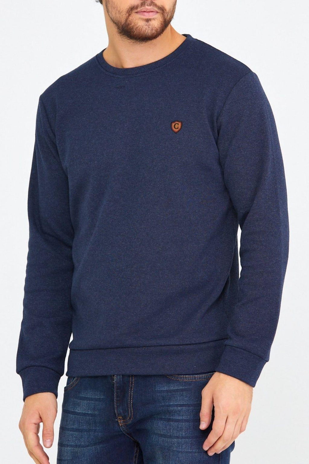 COMEOR Erkek Bisiklet Yaka Göğüs Nakış Detaylı Lacivert Sweatshirt