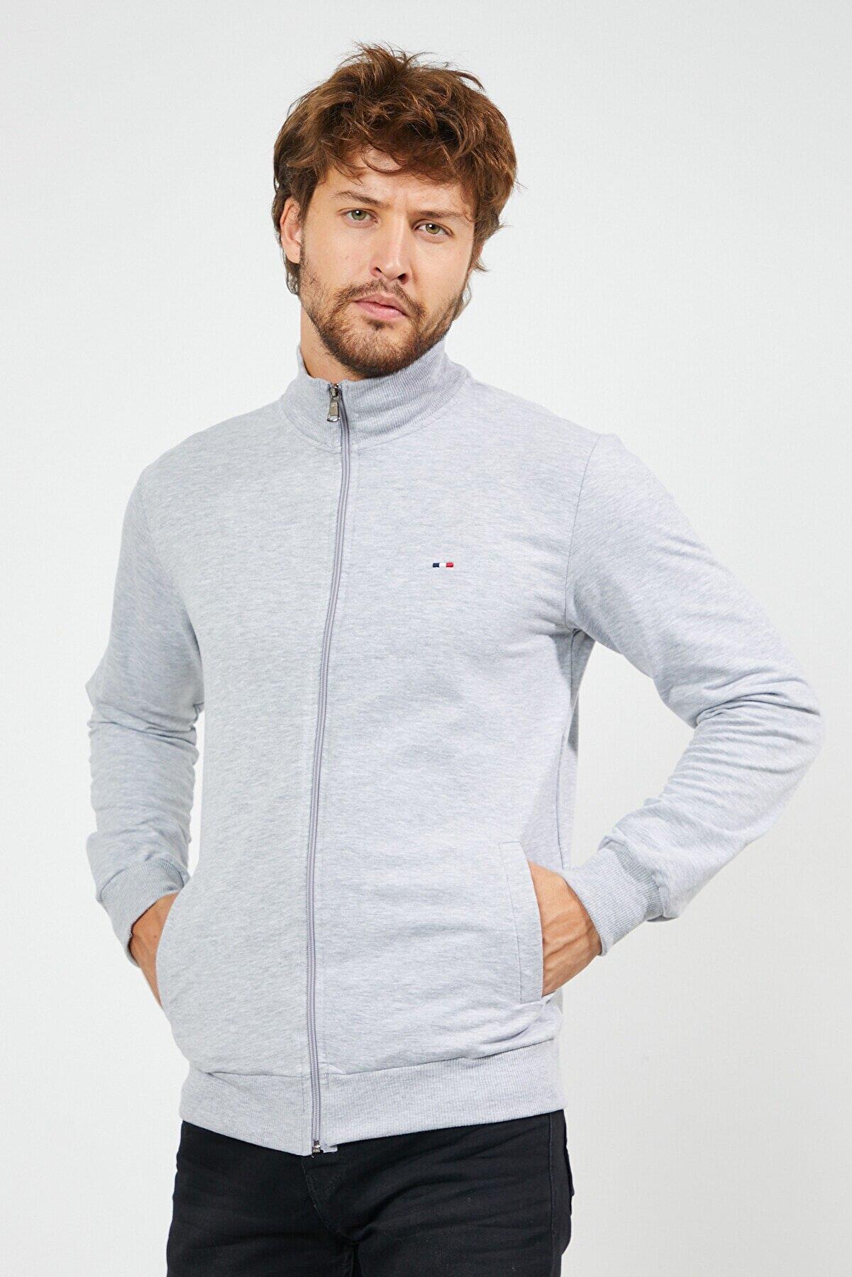 Erkek Gri Uzun Kollu Önü Fermuarlı Hırka CMRE8293