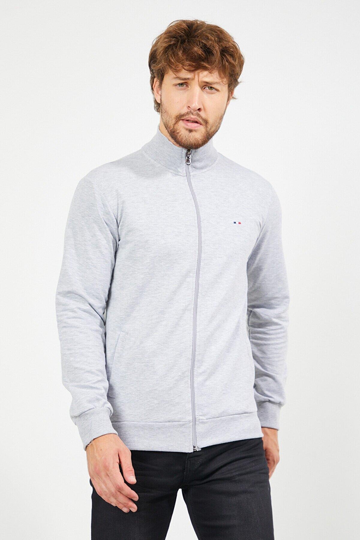 Erkek Gri Uzun Kollu Önü Fermuarlı Hırka CMRE8293