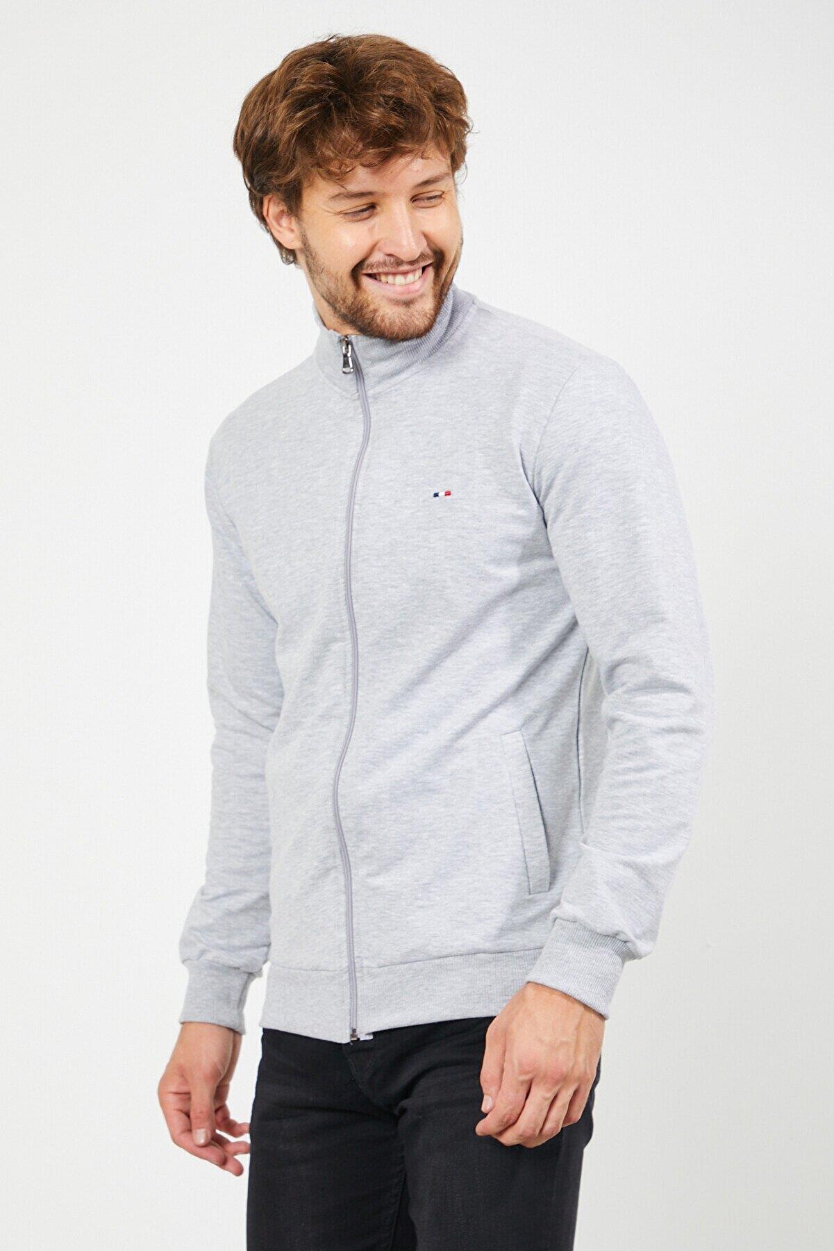 Erkek Gri Uzun Kollu Önü Fermuarlı Hırka CMRE8293