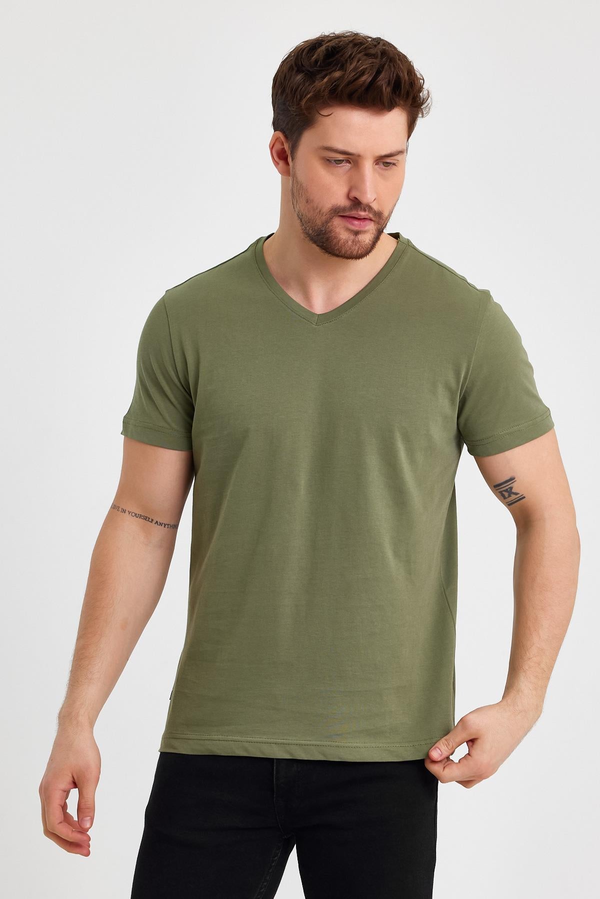 COMEOR Erkek Haki Basıc Slim Fit Pamuklu Kısa Kollu V Yaka T-shirt