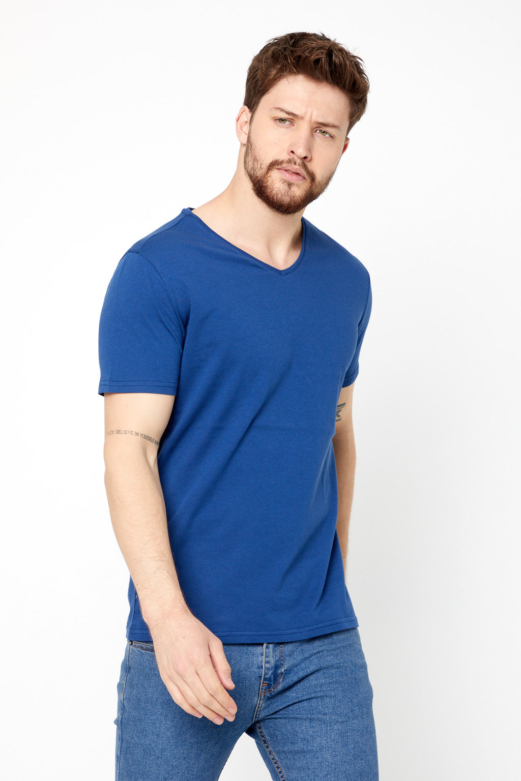 COMEOR ERKEK Mavi Basıc Slim Fit Pamuklu Kısa Kollu V Yaka T-Shirt