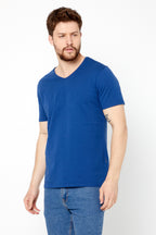COMEOR ERKEK Mavi Basıc Slim Fit Pamuklu Kısa Kollu V Yaka T-Shirt
