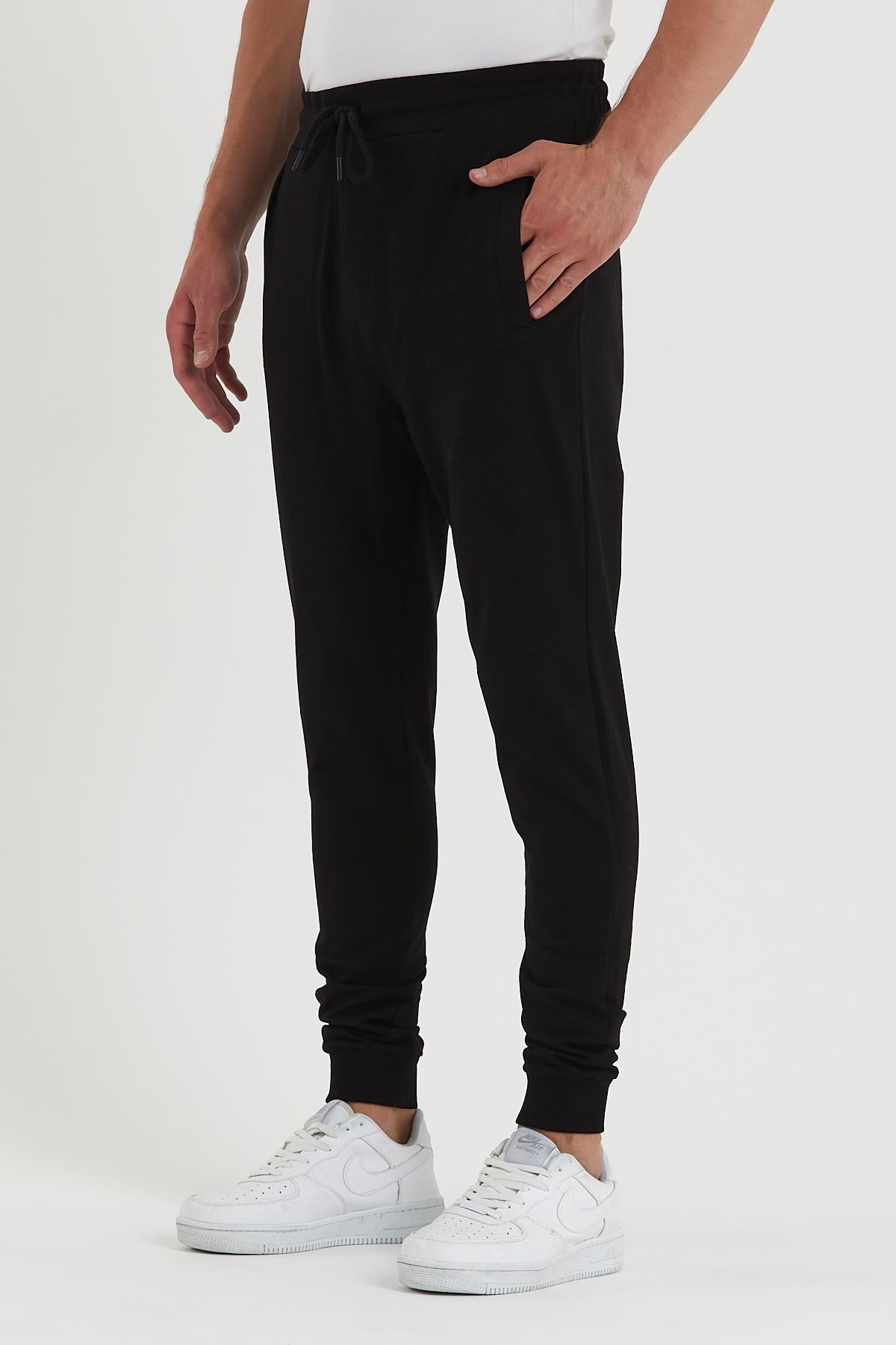 COMEOR Erkek Siyah Paçası Lastikli Cep Etiket Detaylı Eşofman Altı