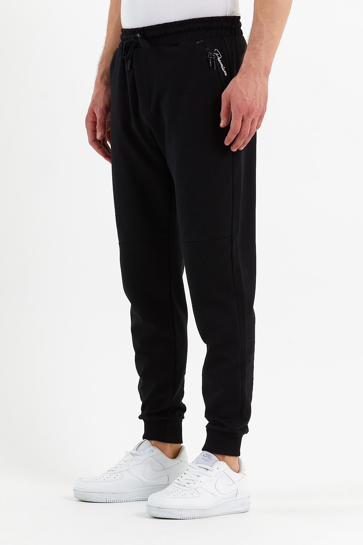 COMEOR Erkek Siyah Slim Fit Jogger Cep Nakış Fermuar Detaylı Eşofman Altı