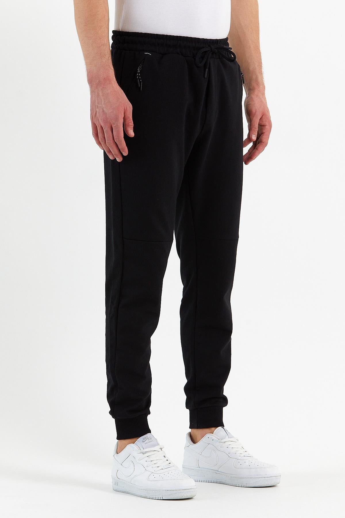 COMEOR Erkek Siyah Slim Fit Jogger Cep Nakış Fermuar Detaylı Eşofman Altı