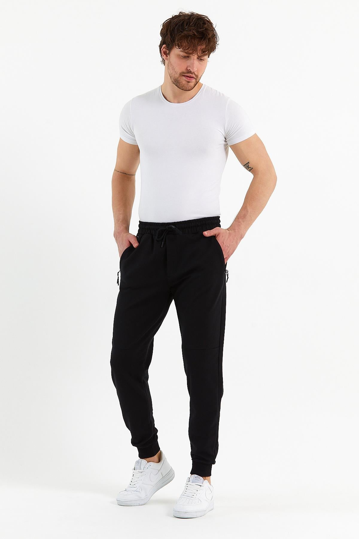 COMEOR Erkek Siyah Slim Fit Jogger Cep Nakış Fermuar Detaylı Eşofman Altı