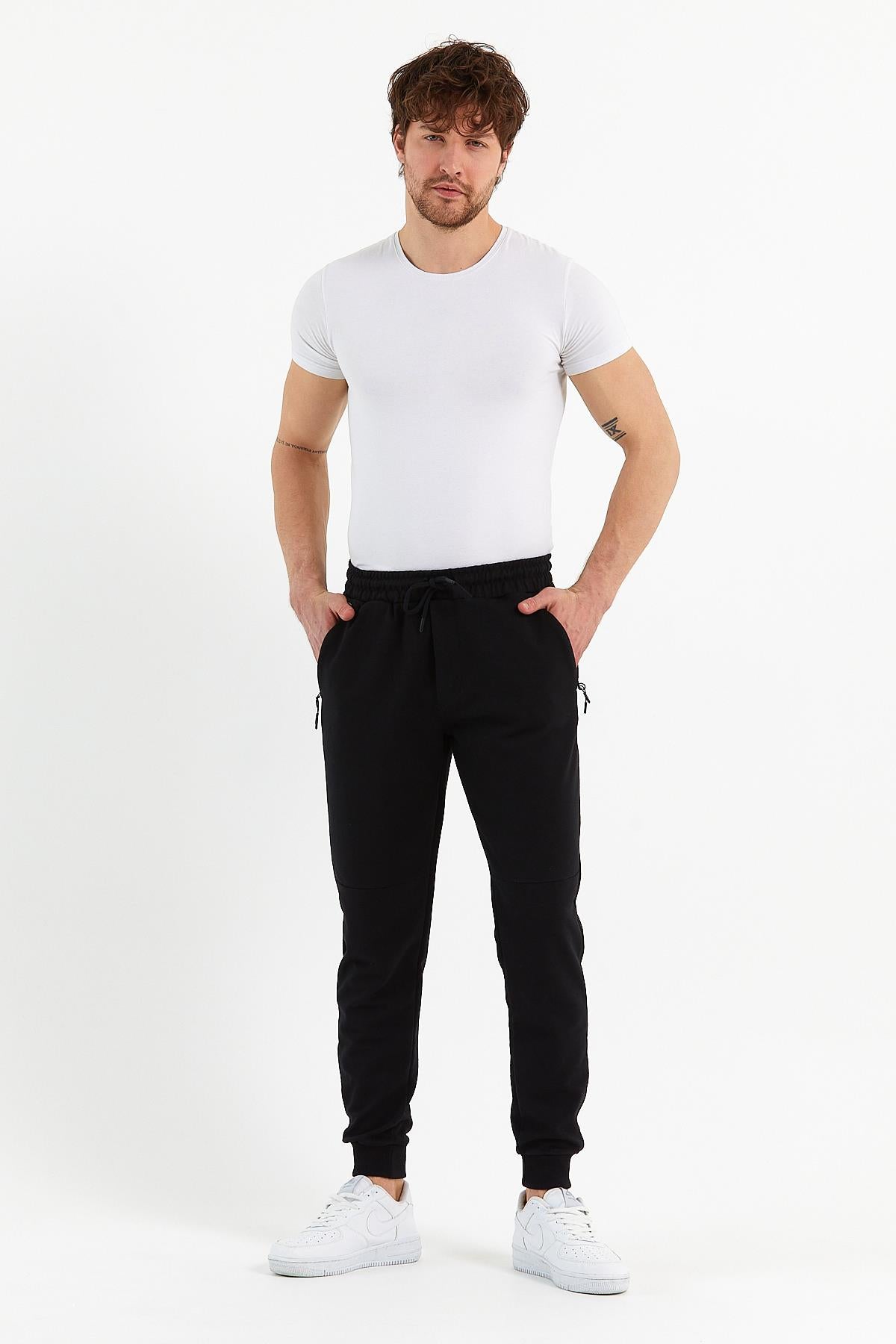 COMEOR Erkek Siyah Slim Fit Jogger Cep Nakış Fermuar Detaylı Eşofman Altı