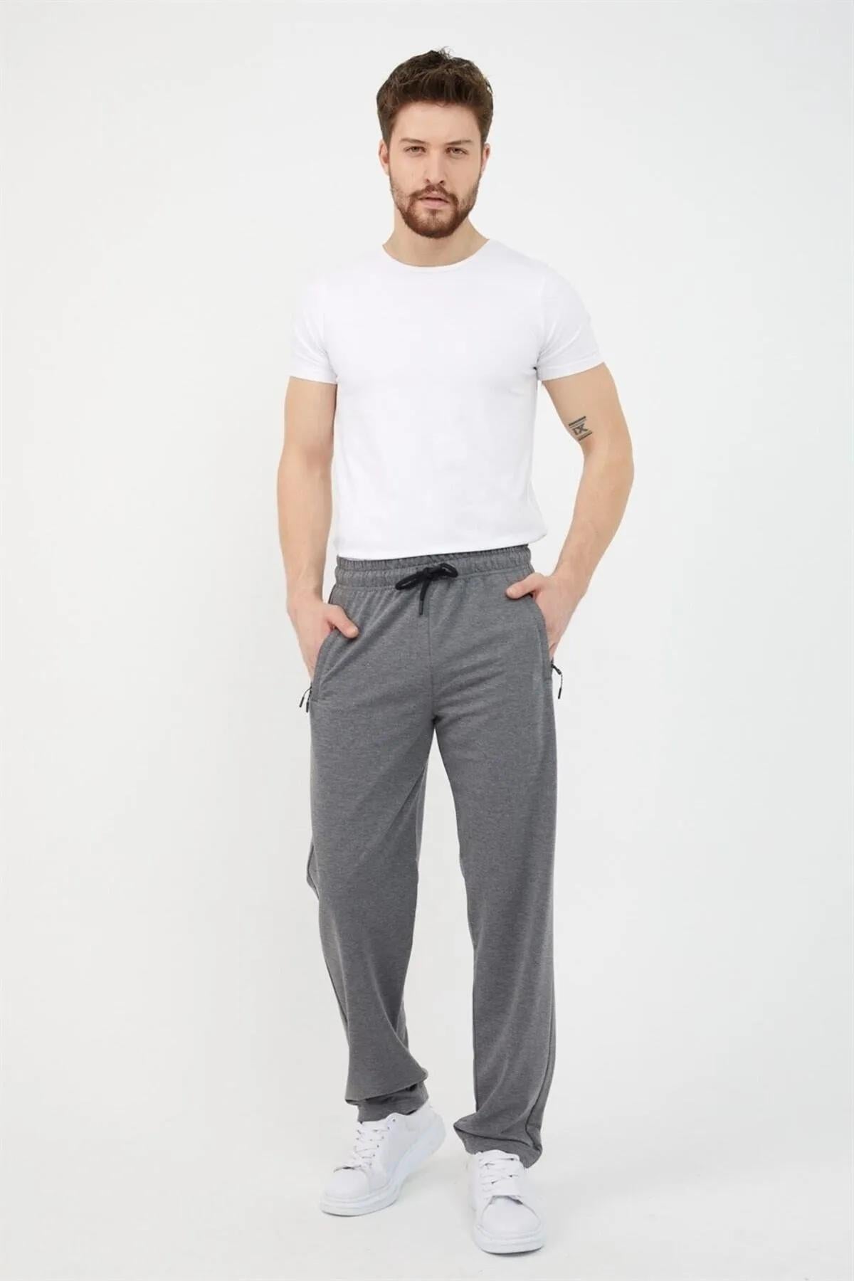 COMEOR Siyah Erkek Büyük Beden 3'lü Düz Paça Cep Fermuar Detaylı Rahat Kesim Eşofman Altı