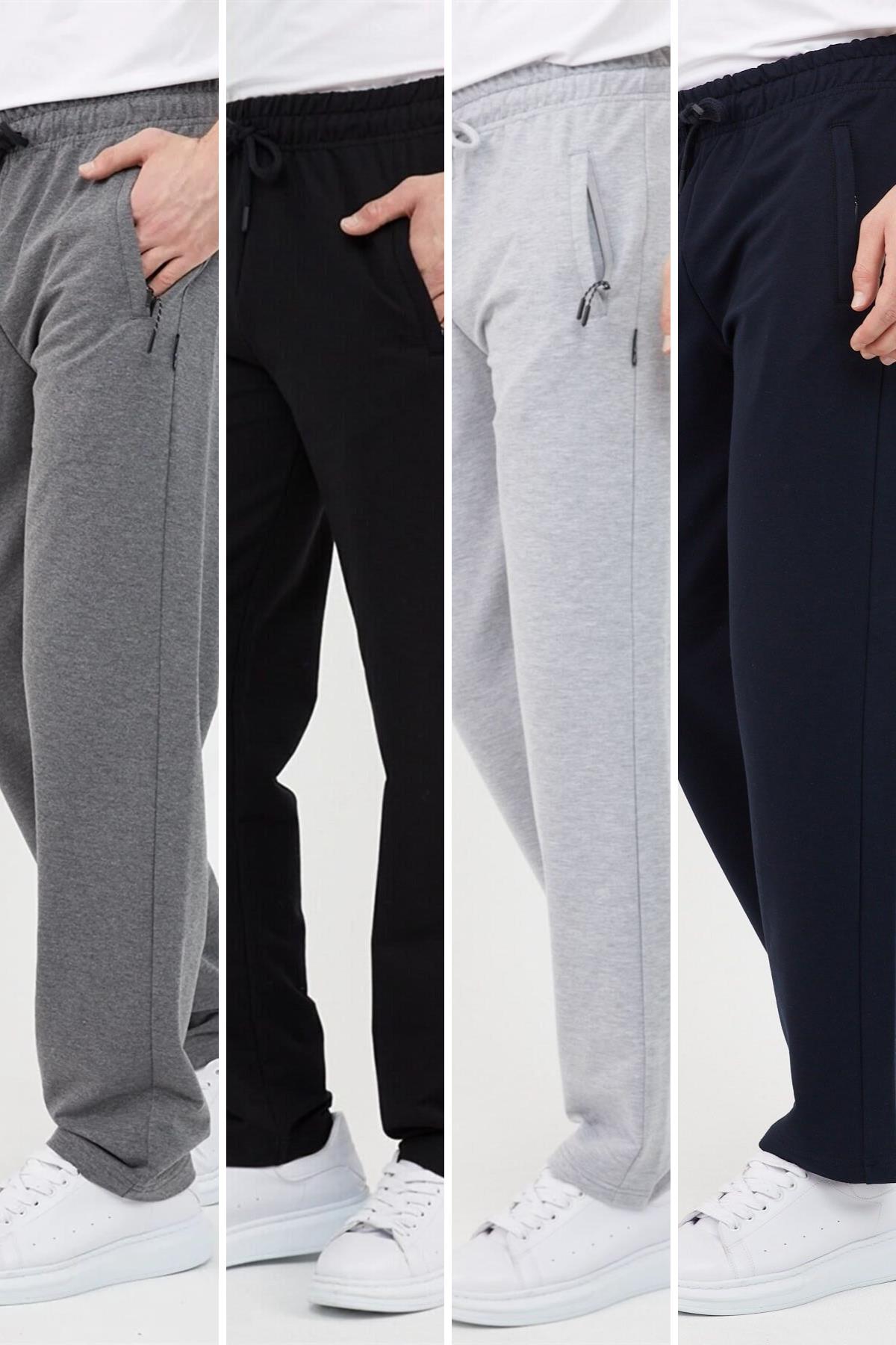 COMEOR Siyah Erkek Büyük Beden 4'lü Düz Paça Cep Fermuar Detaylı Rahat Kesim Eşofman Altı