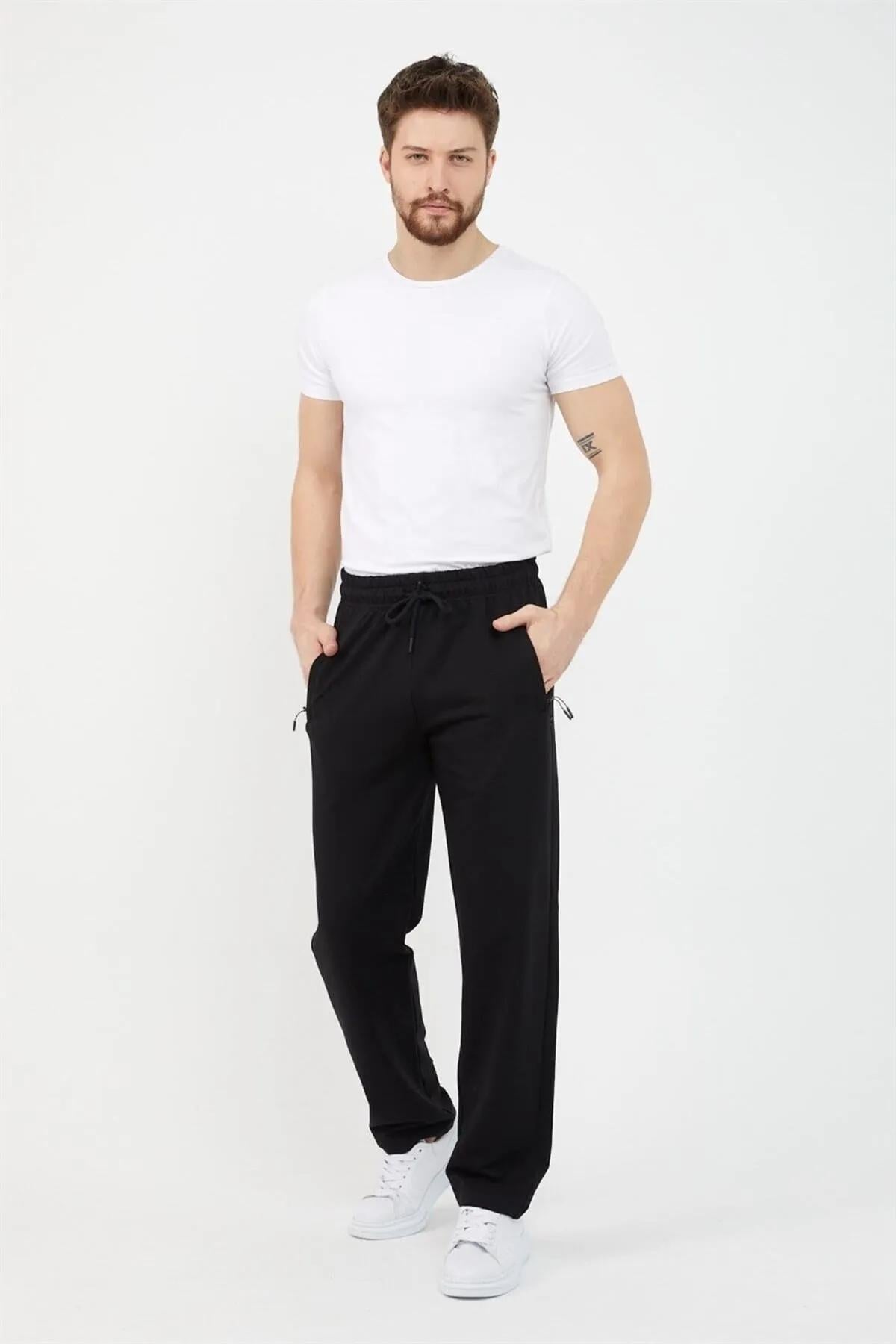 COMEOR Siyah Erkek Büyük Beden 4'lü Düz Paça Cep Fermuar Detaylı Rahat Kesim Eşofman Altı