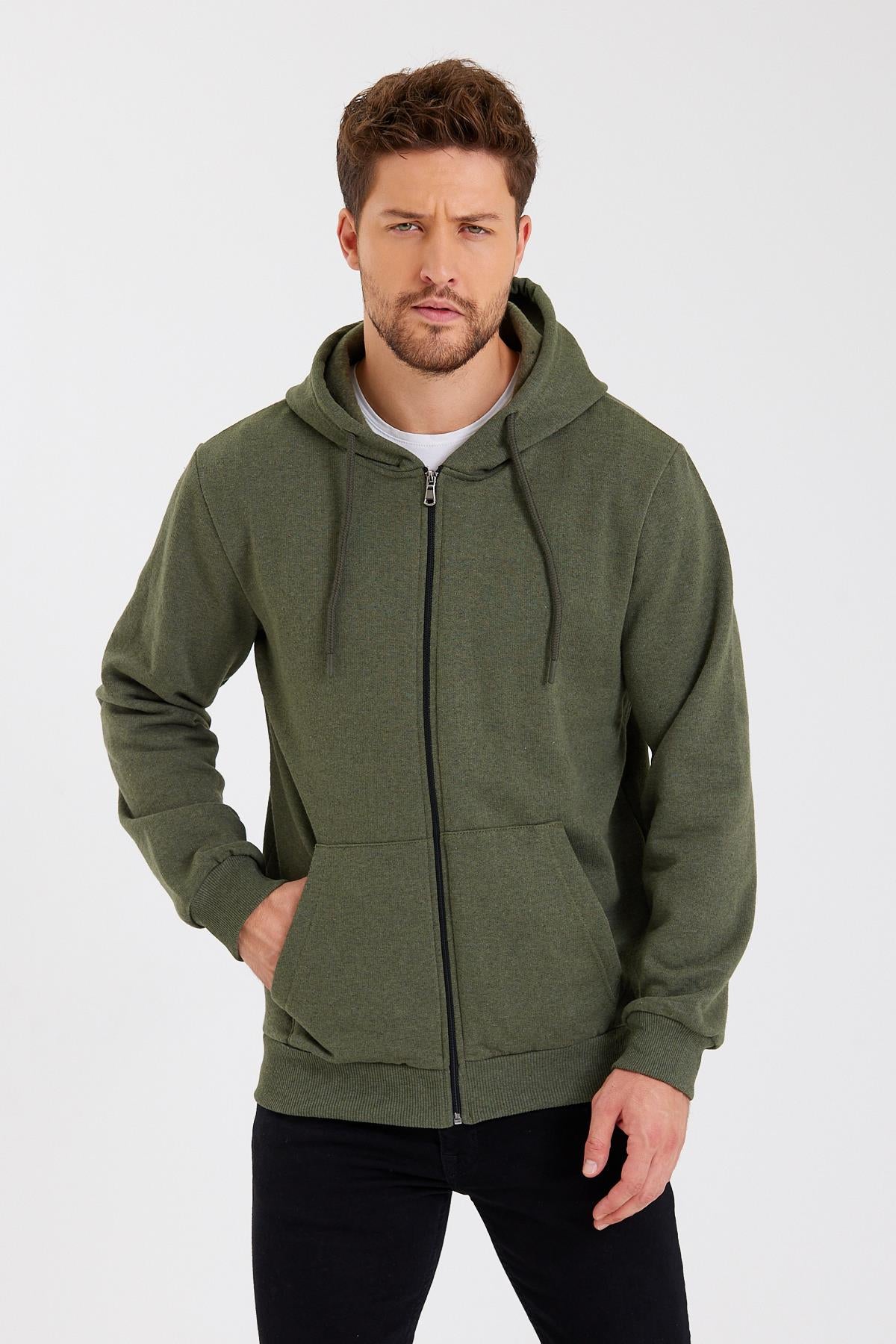 Comeor Siyah Kanguru Cepli Kapüşonlu Fermuarlı İçi Pamuklu Erkek Sweatshirt