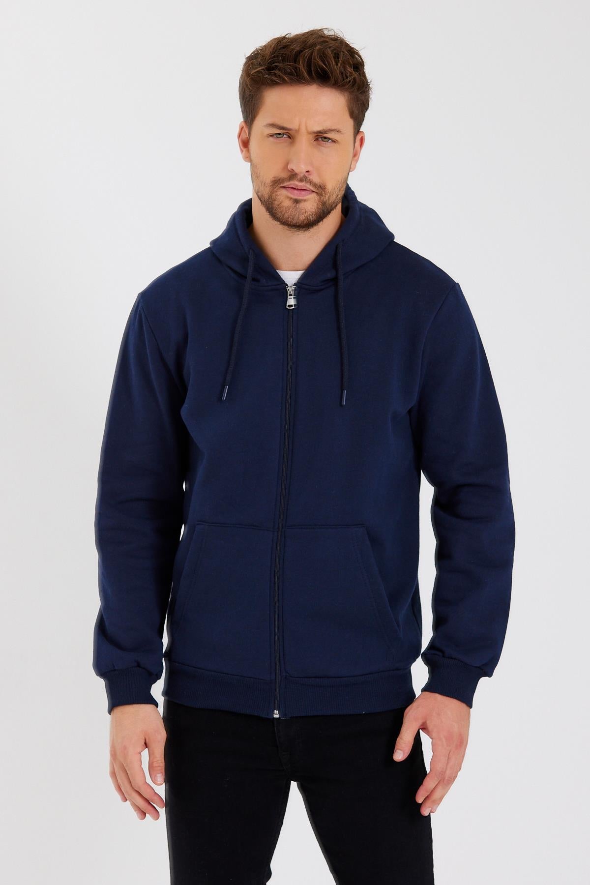 Comeor Siyah Kanguru Cepli Kapüşonlu Fermuarlı İçi Pamuklu Erkek Sweatshirt