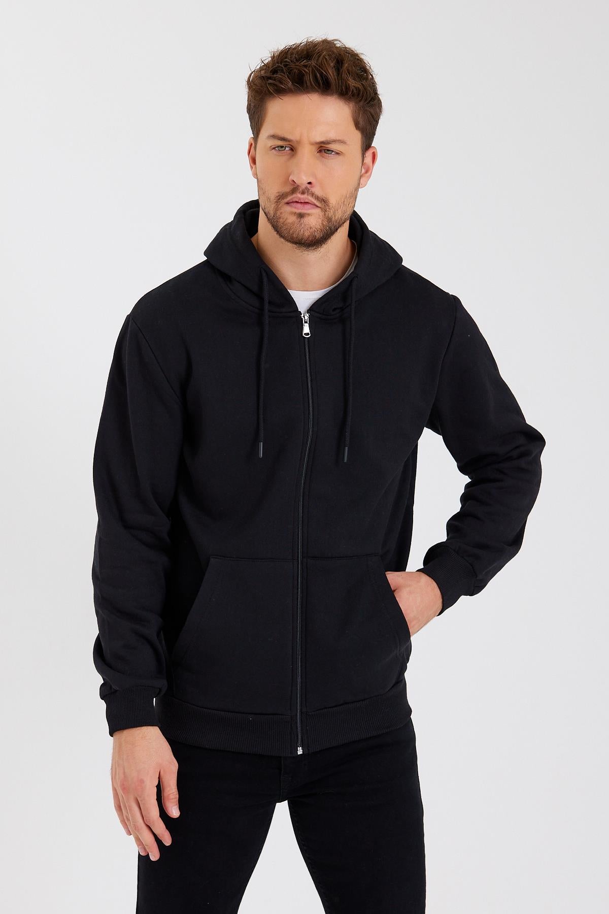 Comeor Siyah Kanguru Cepli Kapüşonlu Fermuarlı İçi Pamuklu Erkek Sweatshirt