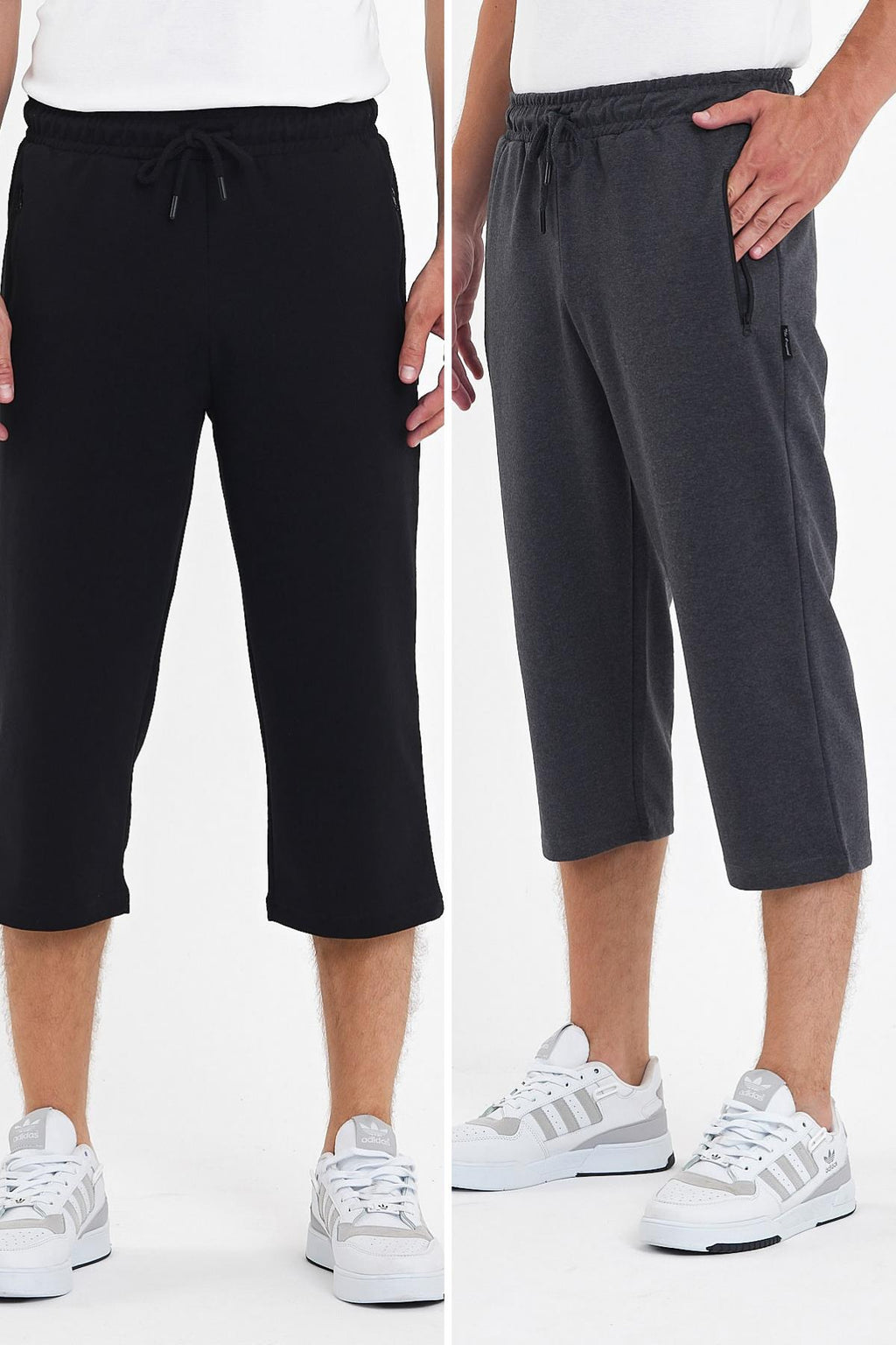 Erkek 2'Li Cepleri Fermuarlı Siyah-Antrasit Bermuda Diz Altı Kapri Beli Ayarlanabilir Lastikli Uzun Şort CMRE94-2