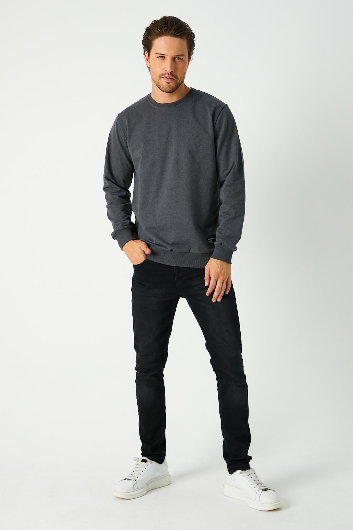 Erkek Antrasit Basic Bisiklet Yaka Regular Fit Normal Kesim 2 İplik Sweatshirt