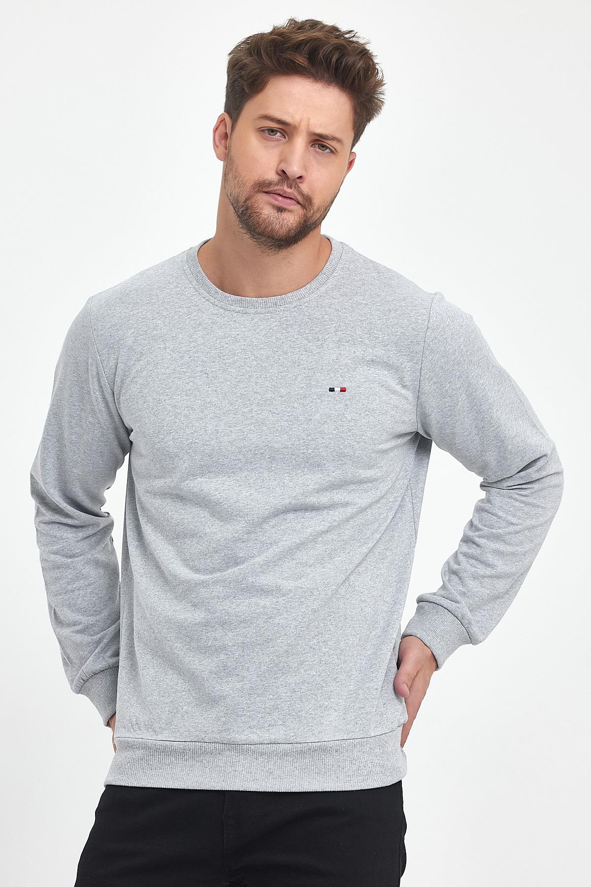 Erkek Gri Bisiklet Yaka Nakış Detaylı Regular Fit Sweatshirt