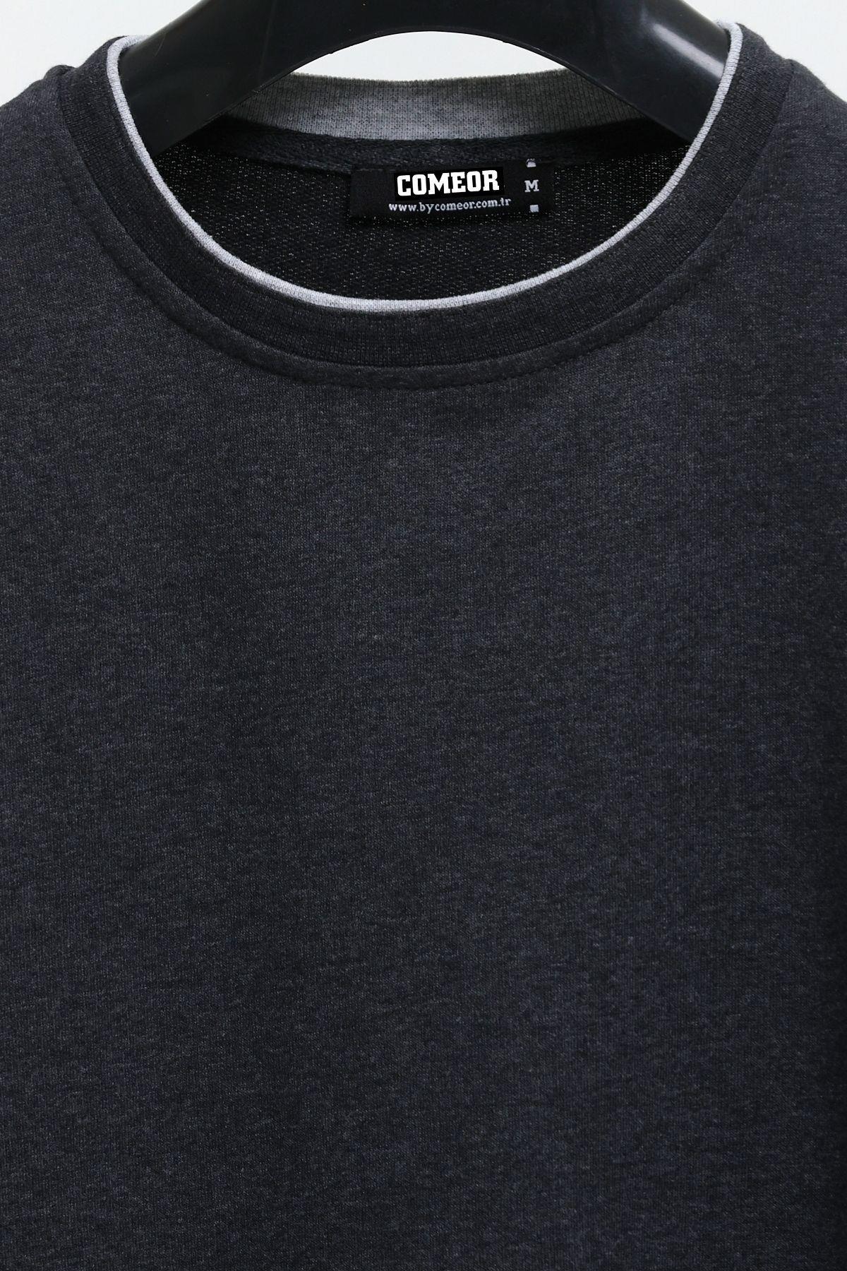 Erkek Antrasit Çift Bisiklet Yaka Baskı Detaylı Standart Rahat Kesim Sweatshirt