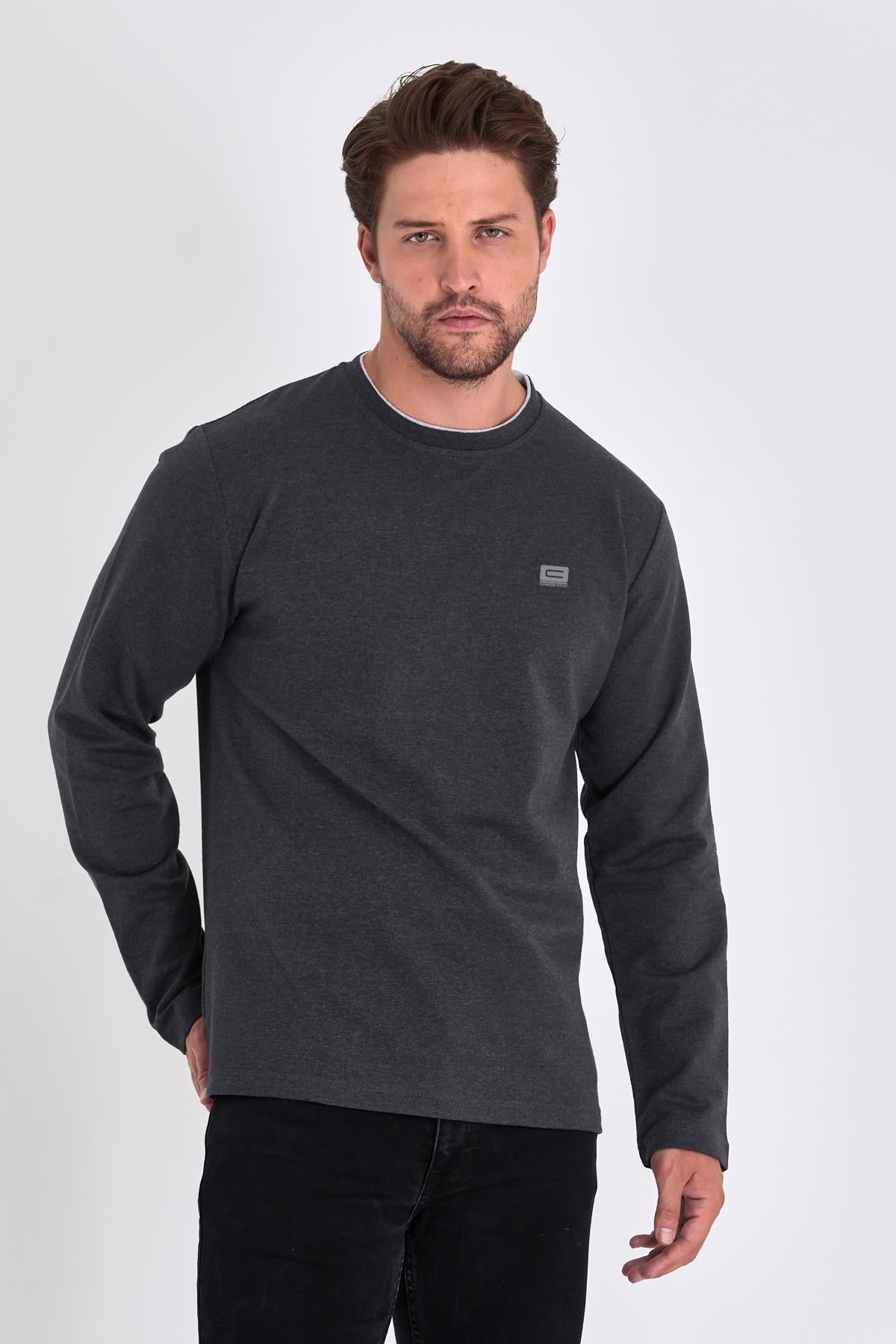 Erkek Antrasit Çift Bisiklet Yaka Baskı Detaylı Standart Rahat Kesim Sweatshirt