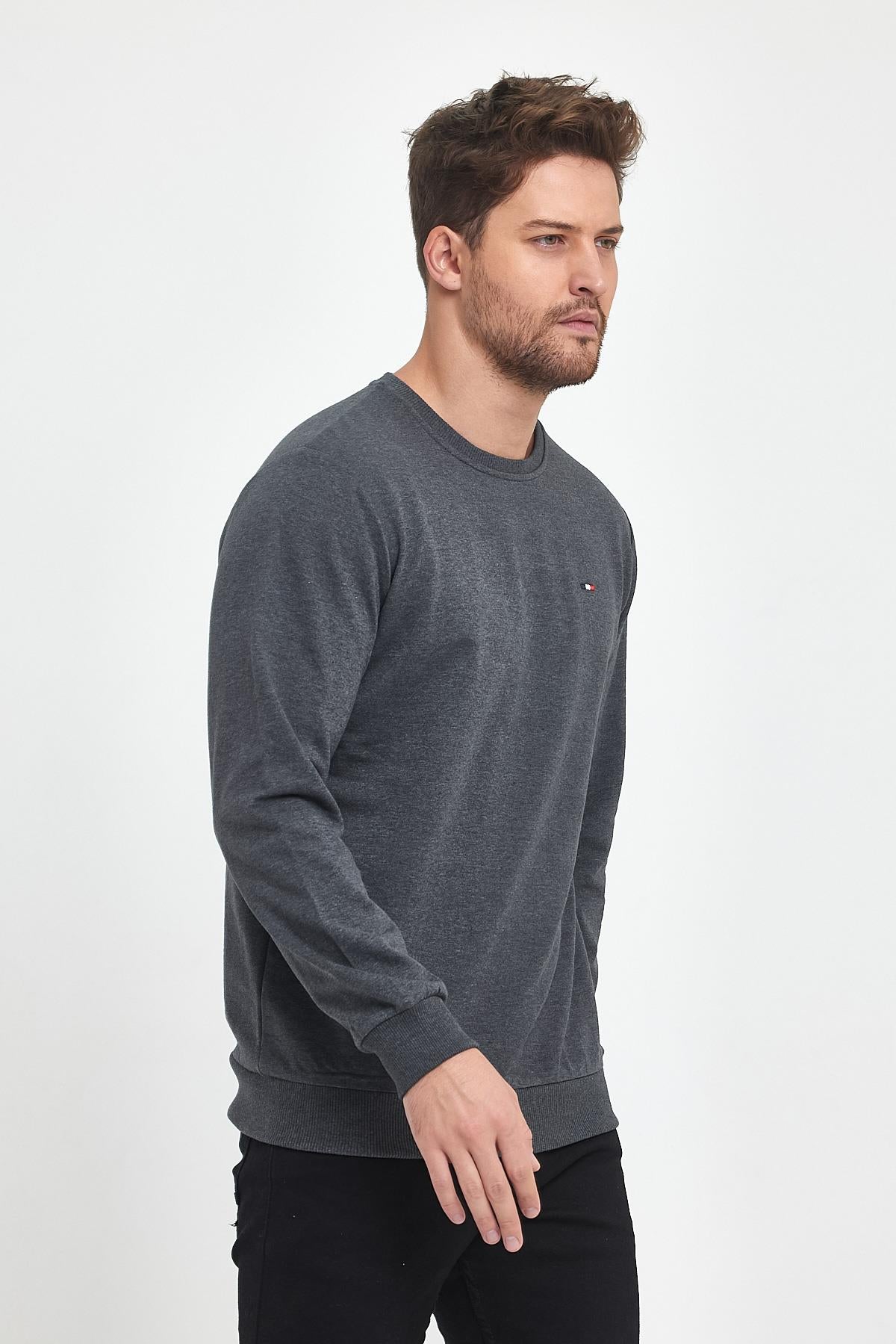 Erkek Antrasit Bisiklet Yaka Nakış Detaylı  Regular Fit Sweatshirt CMRE70