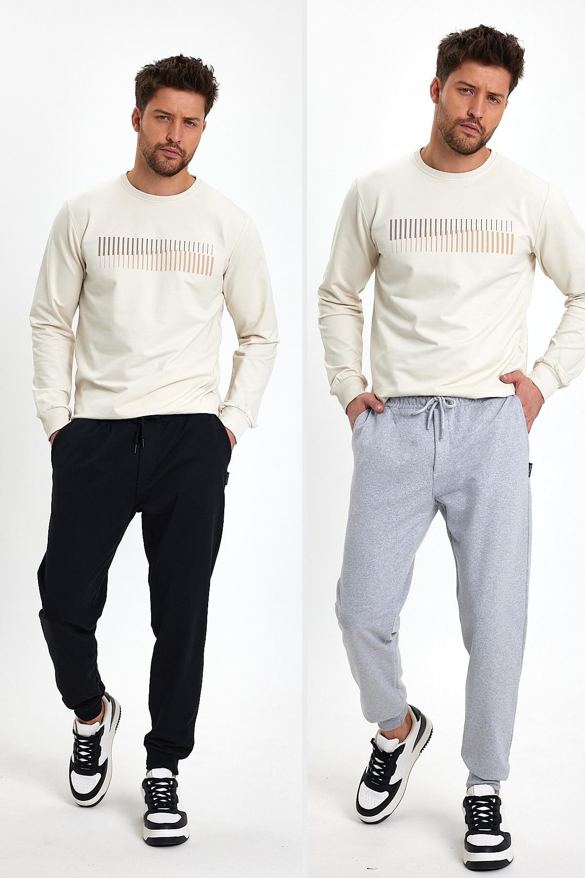 Erkek Siyah-Gri Arka Cep Etiket Detaylı Paça Lastikli Regular Fit 2'Li Eşofman Altı CMREO09-2