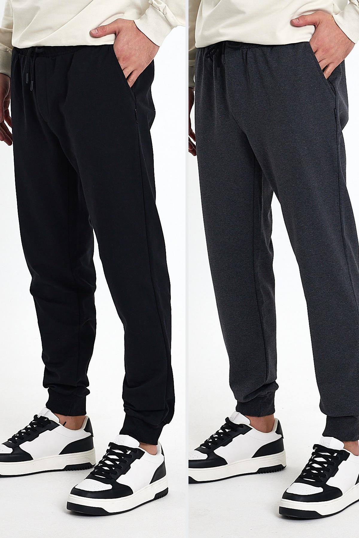 Erkek Siyah-Gri Arka Cep Etiket Detaylı Paça Lastikli Regular Fit 2'Li Eşofman Altı CMREO09-2