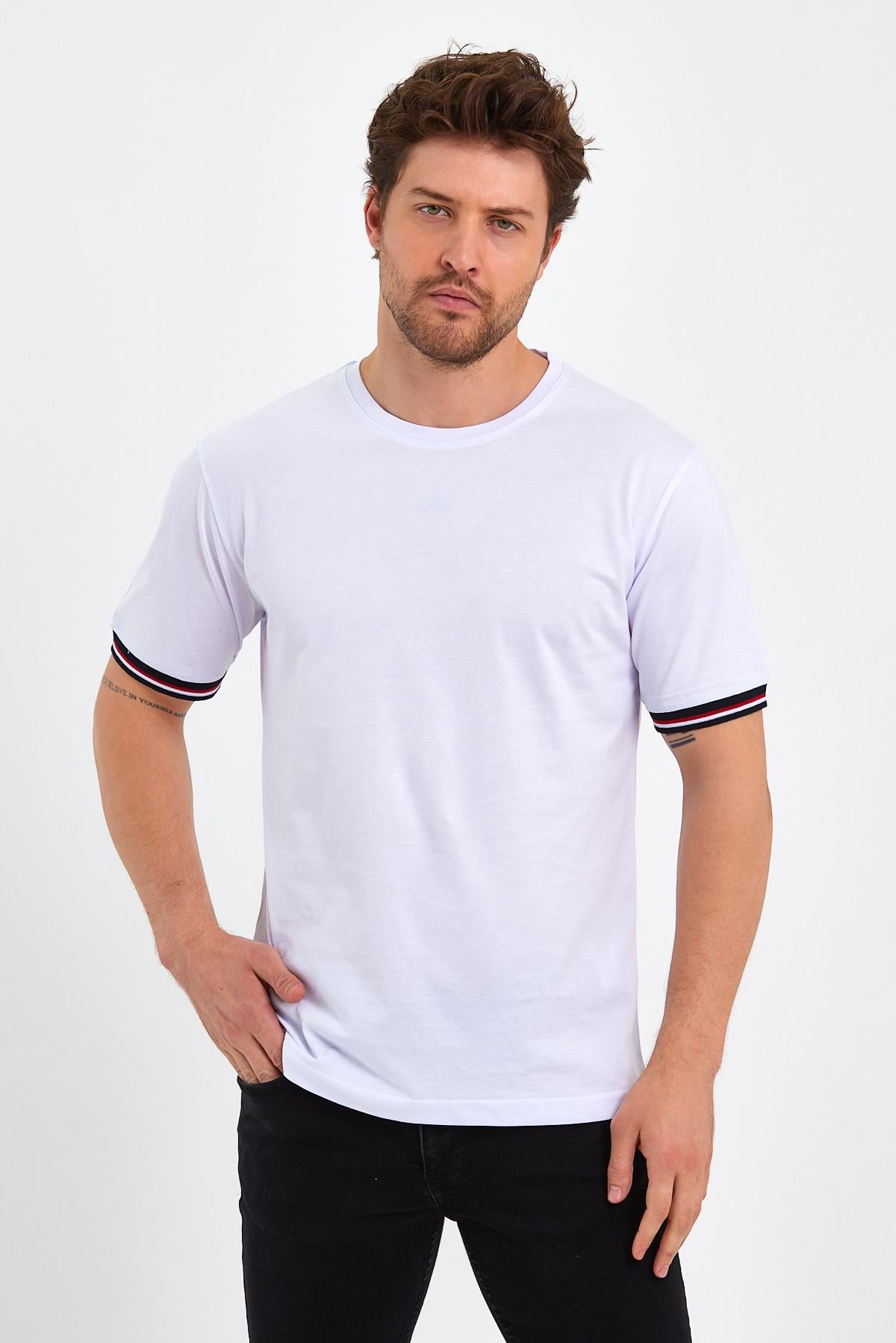Erkek  Basic Kolları Şeritli %100 Pamuk Bisiklet Yaka Regular Fit 3'Lü T-shirt